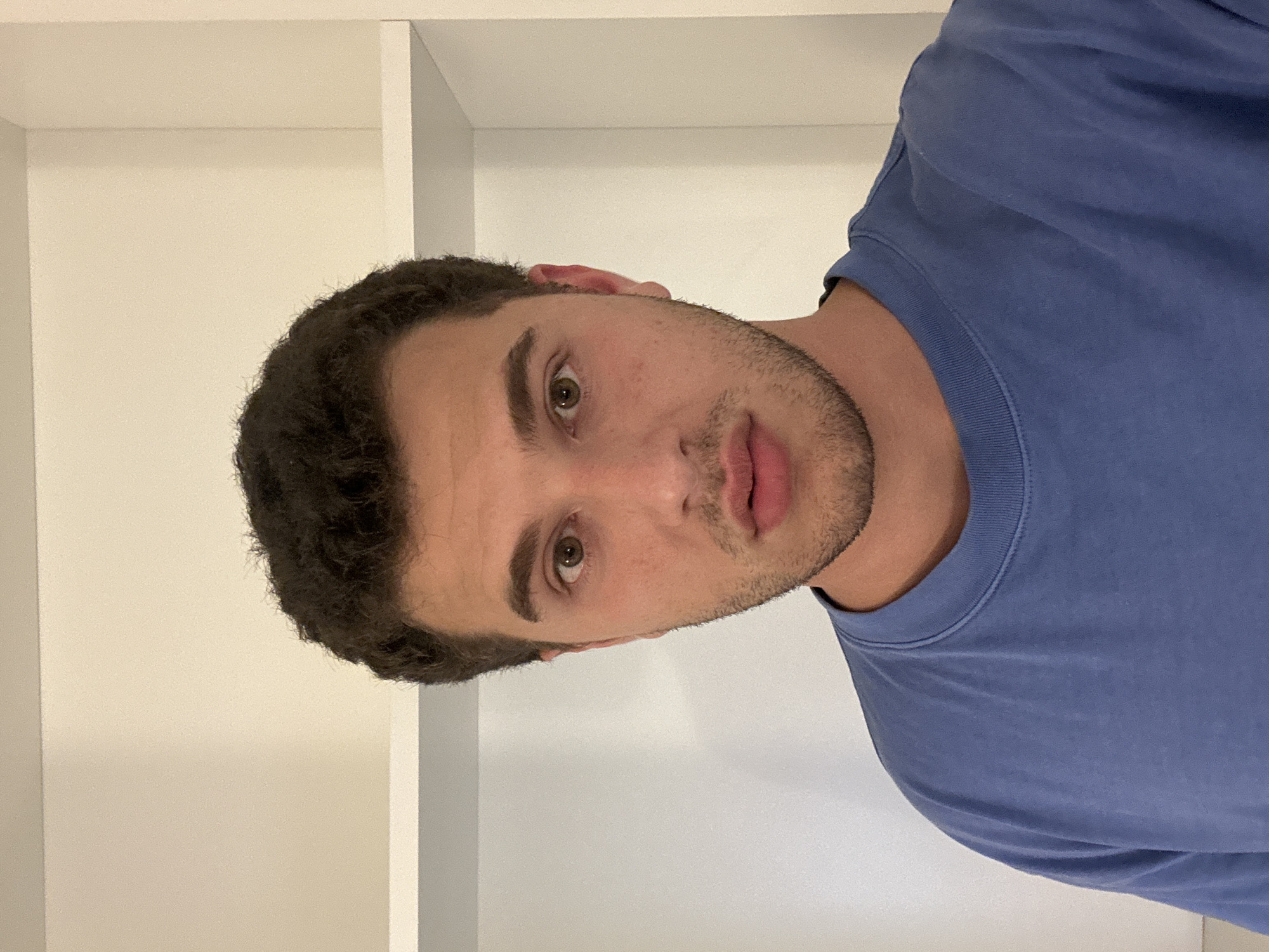 A young man with short, dark, curly hair and a beard is wearing a blue shirt. He is looking directly at the camera with a slightly questioning expression. The background appears to be a white wall and what looks like the edge of a shelf or cabinet. The image is close-up and primarily focuses on the man's face and upper body. The image is not geolocated to Milan, Italy.