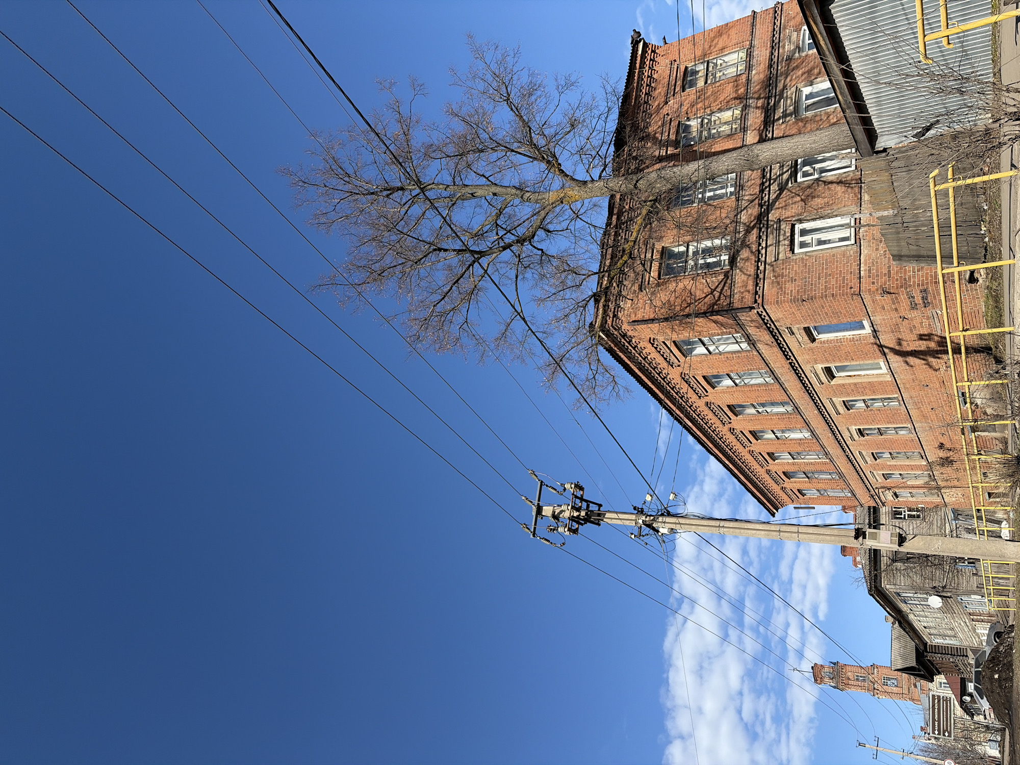 The image shows a view looking up at a brick building in Sarapul, Russia. A tree with bare branches is situated next to the building. Overhead power lines run across the blue sky. A utility pole is visible in the foreground, with smaller wooden buildings beyond the brick structure. The photo is oriented sideways.
