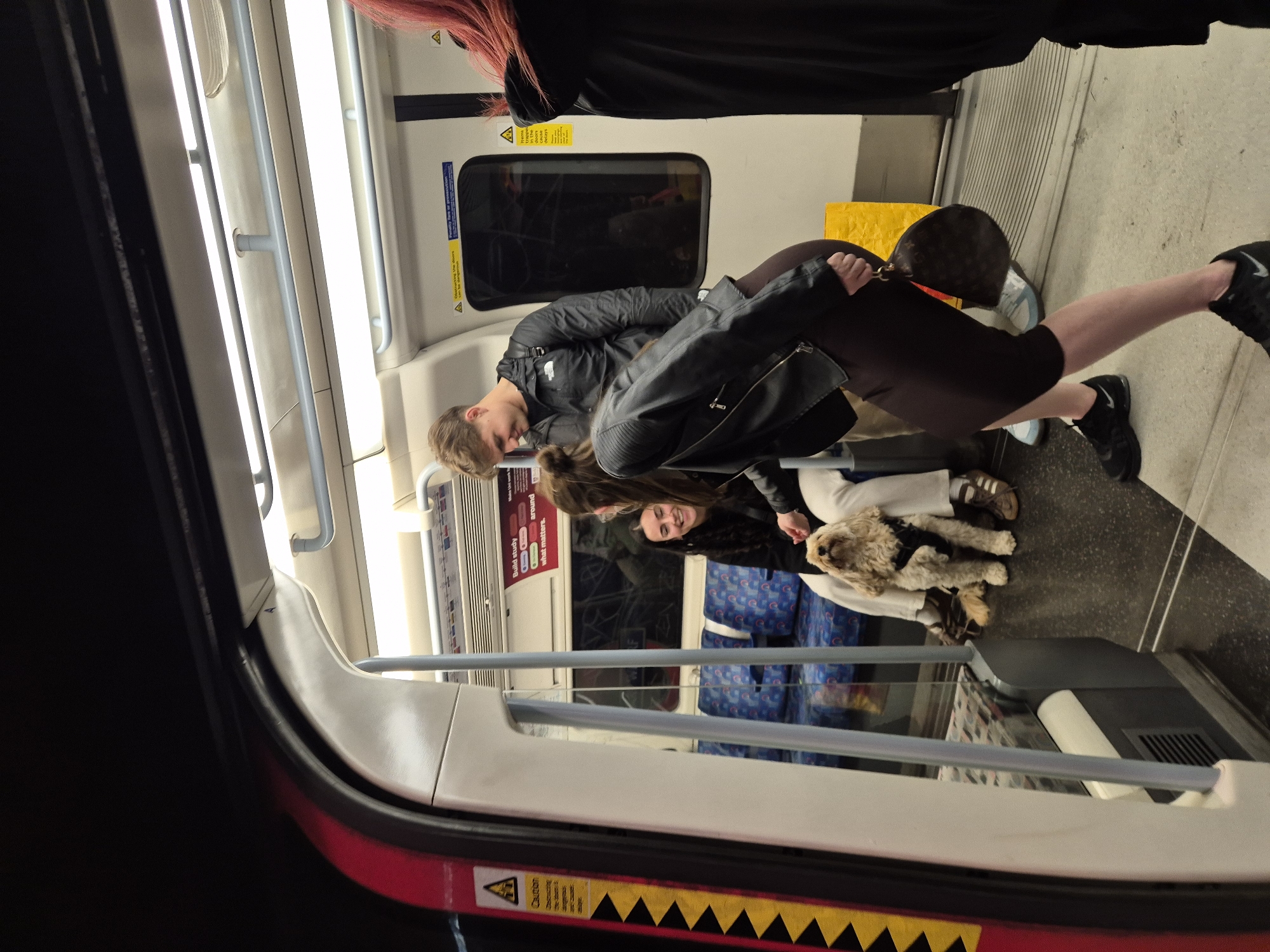 Inside a London Underground train carriage, several people are visible. One person with red hair stands near the door. A person in a black jacket and a seated individual with fair hair and a dark jacket are conversing. Further down, another person is seated, and a medium-sized, fluffy dog is positioned on their lap. The carriage is clean, with blue patterned seating and typical underground train interiors.