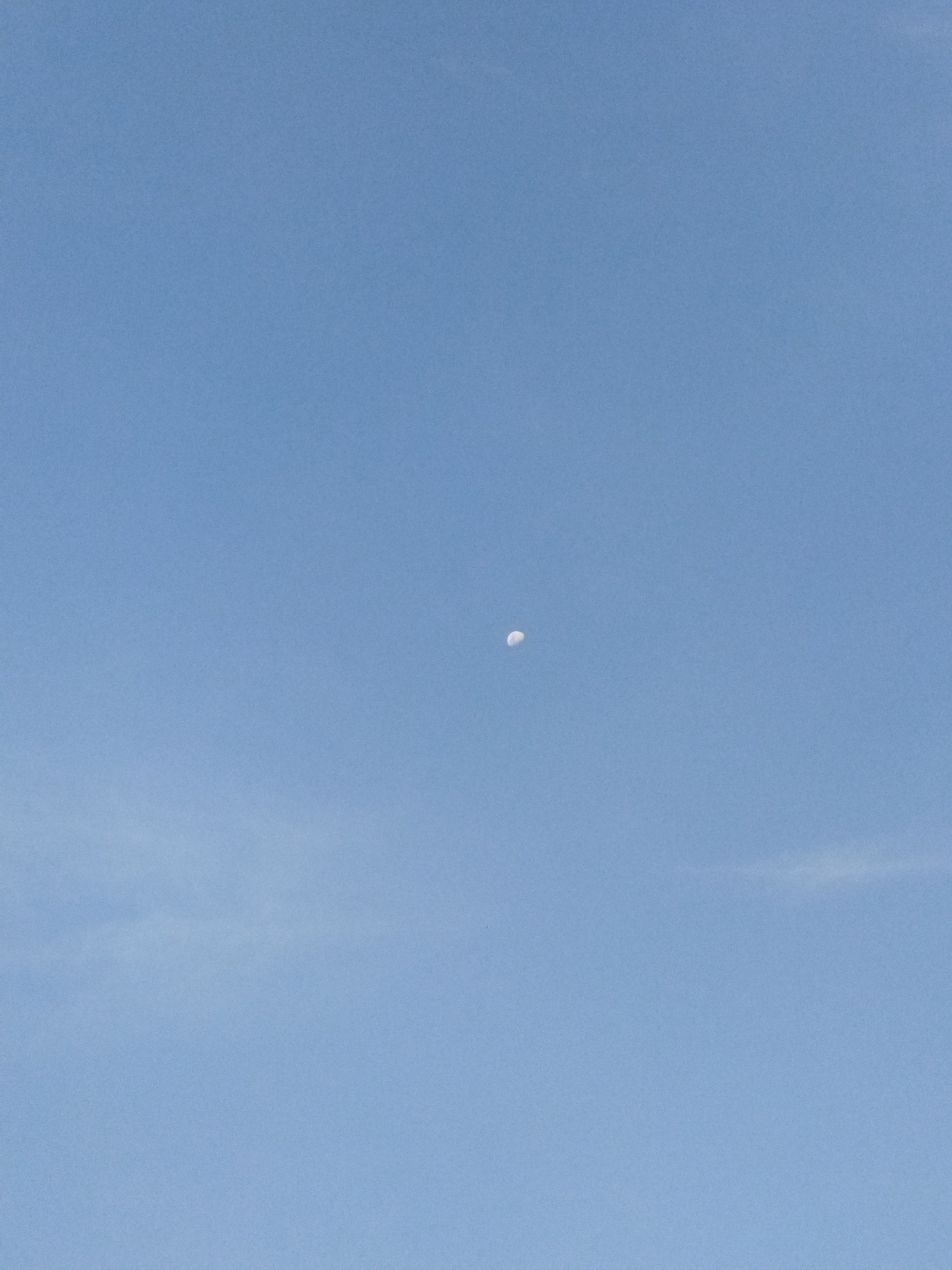 A daylight photograph taken in the city of Unknown, Unknown, depicts a clear, light blue sky dominating the frame. A single, distinct subject, the Moon, appears as a pale white crescent positioned towards the upper-left of the image's center. Faint, wispy cloud formations are visible in the lower-left quadrant and horizontally across the lower portion of the sky. No individuals, human activity, or ground-level objects are discernible within the frame. The environment is characterized by an open, expansive sky with minimal cloud cover.