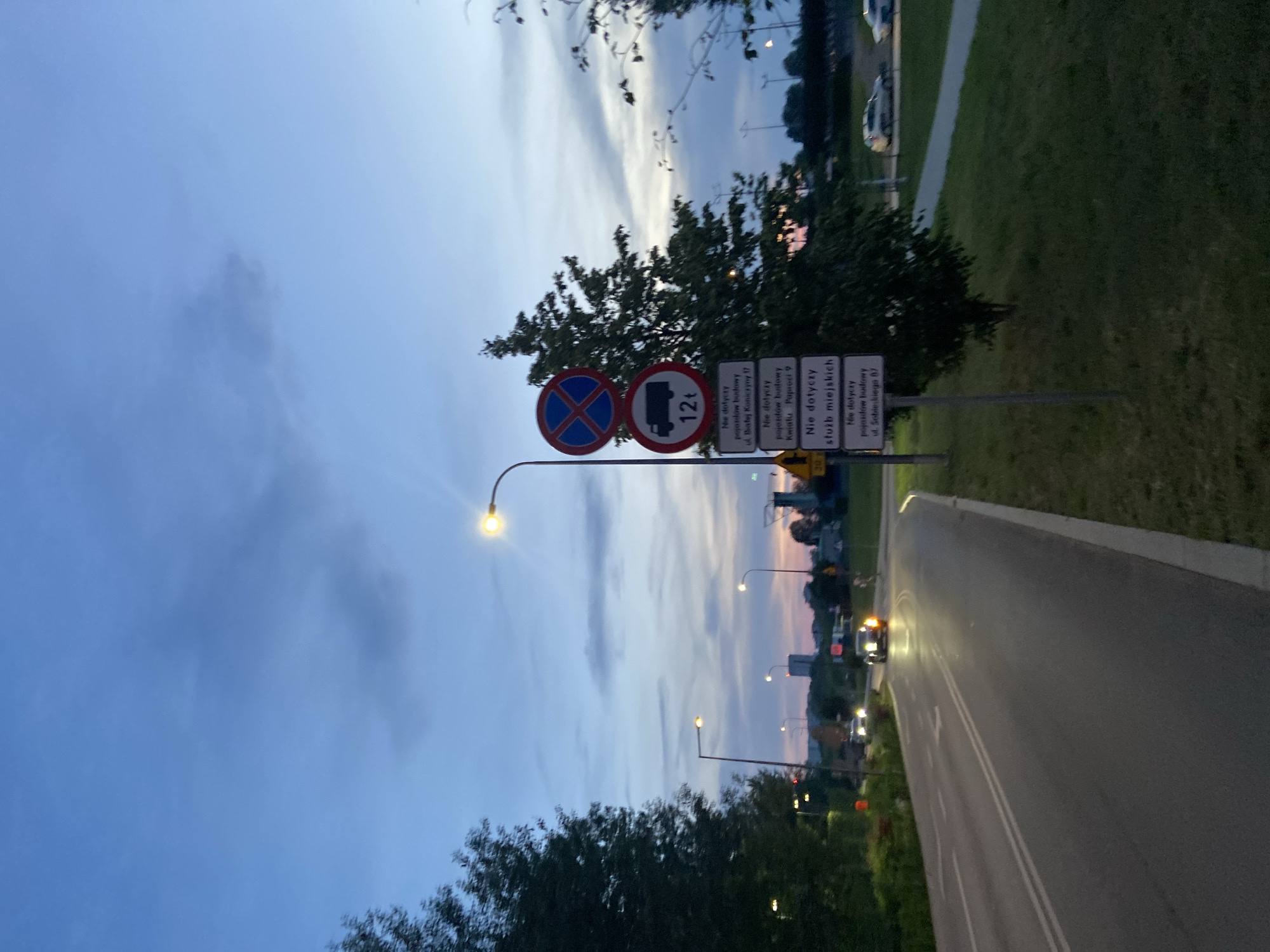 The image depicts a twilight scene on a road in Warsaw, Poland, likely in the Bielany district, near Bielany Park. The sky is a blend of deep blue and pastel pinks and oranges, indicating dusk. A streetlamp illuminates the road, which has multiple lanes and white dividing lines. Several cars are visible on the road, with headlights on, suggesting traffic. On the right side of the road, a signpost displays several traffic signs: a red and blue circular sign with a red cross, a circular sign with a truck and "12t" indicating a weight limit, and several rectangular signs with Polish text, presumably providing exemptions or further regulations. A large tree with dense foliage stands next to the signpost. The background shows more trees, streetlights, and distant buildings, including a tall, light-colored building that appears to be a residential or office complex. The overall atmosphere is peaceful, with the transition from day to night.