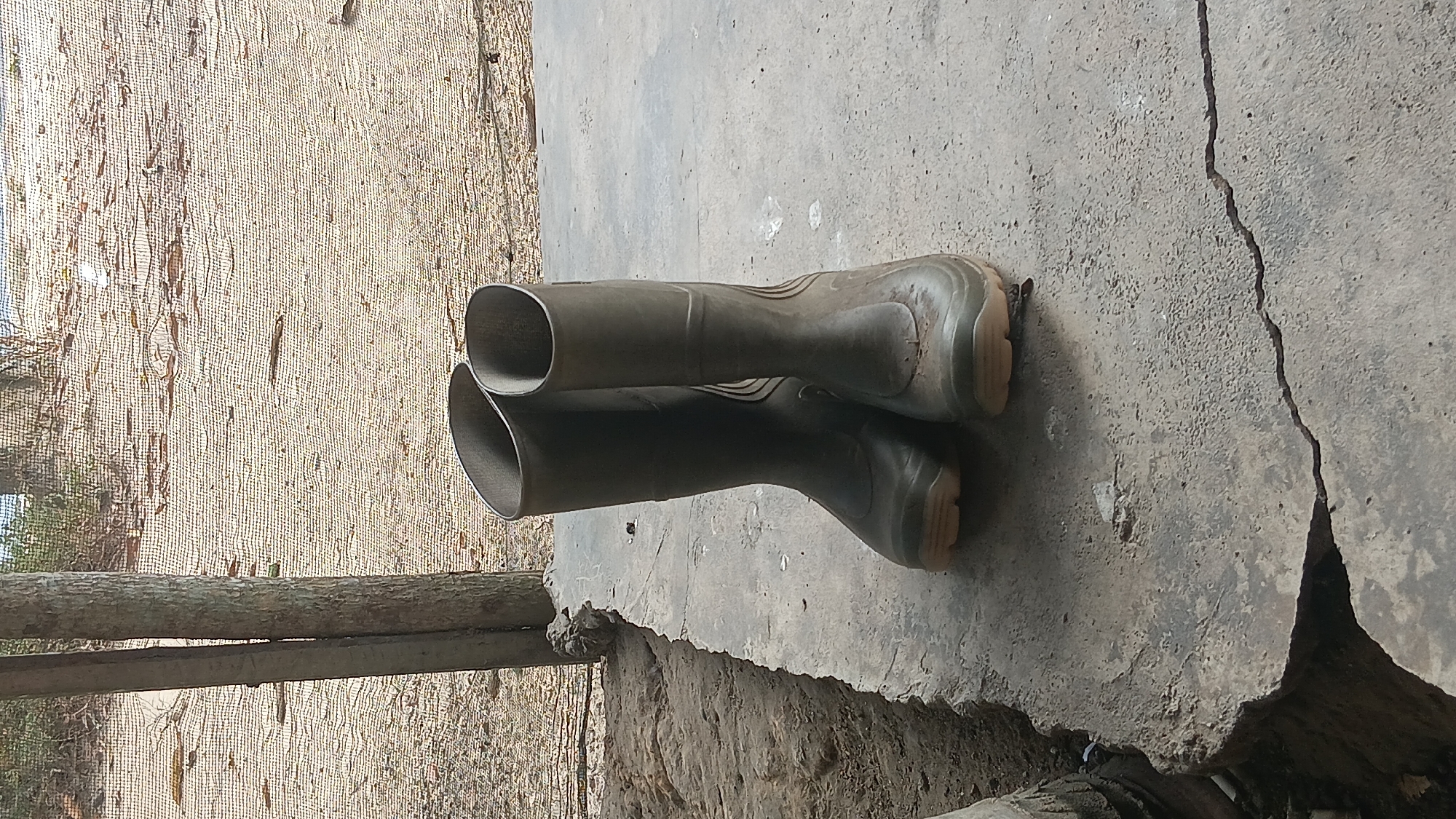 A pair of olive-green rubber boots stand on a cracked concrete surface. The boots are tall, reaching to the mid-calf, and appear to be worn, with some dirt and scuff marks. They are positioned side-by-side, with the left boot slightly behind the right. The background is out of focus, showing a rough, textured surface that resembles sand or gravel, with some greenery and a faint hint of a fence or netting. To the left of the boots, a rough-hewn wooden post protrudes vertically, and a rough, dirt-covered embankment is visible. The overall scene suggests an outdoor, possibly rural or industrial, setting. This image was likely taken in a location such as Prabumulih, Indonesia, which has a mix of urban and rural environments and is known for its natural resources, suggesting such boots might be used for work or outdoor activities.