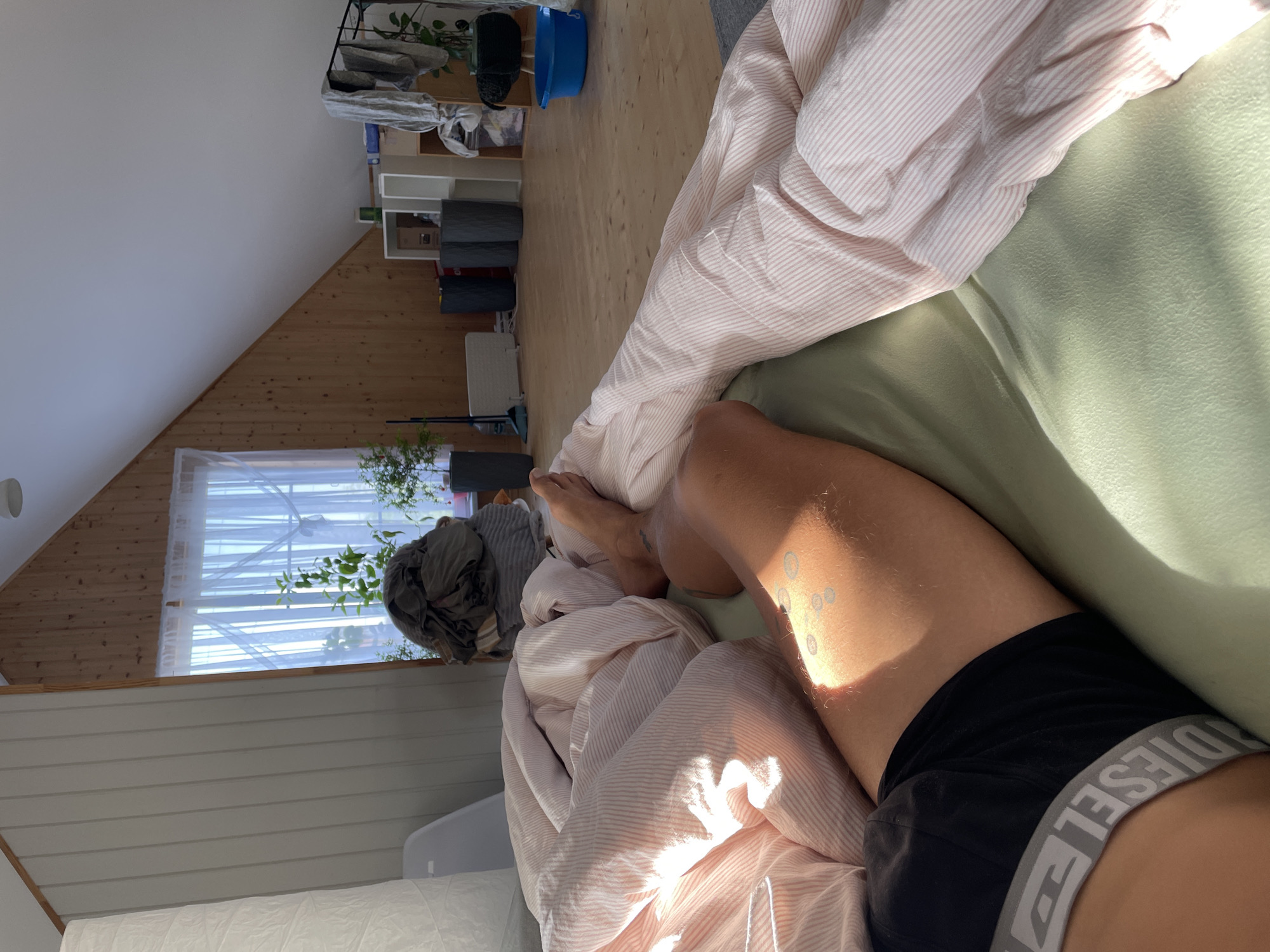 The image shows a person lying in bed. The person is wearing black underwear with a grey "DIESEL" logo on the waistband. The bed is covered with a light green sheet and a pink and white striped blanket. The person's leg is visible, with some small tattoos. The location is likely a room with wooden walls and a window with sheer white curtains. There is a plant visible near the window. Based on the presence of wooden walls and the style of the room, it is possible that this image was taken in a house or apartment in Sestroretsk, Russia, but the image does not confirm this.