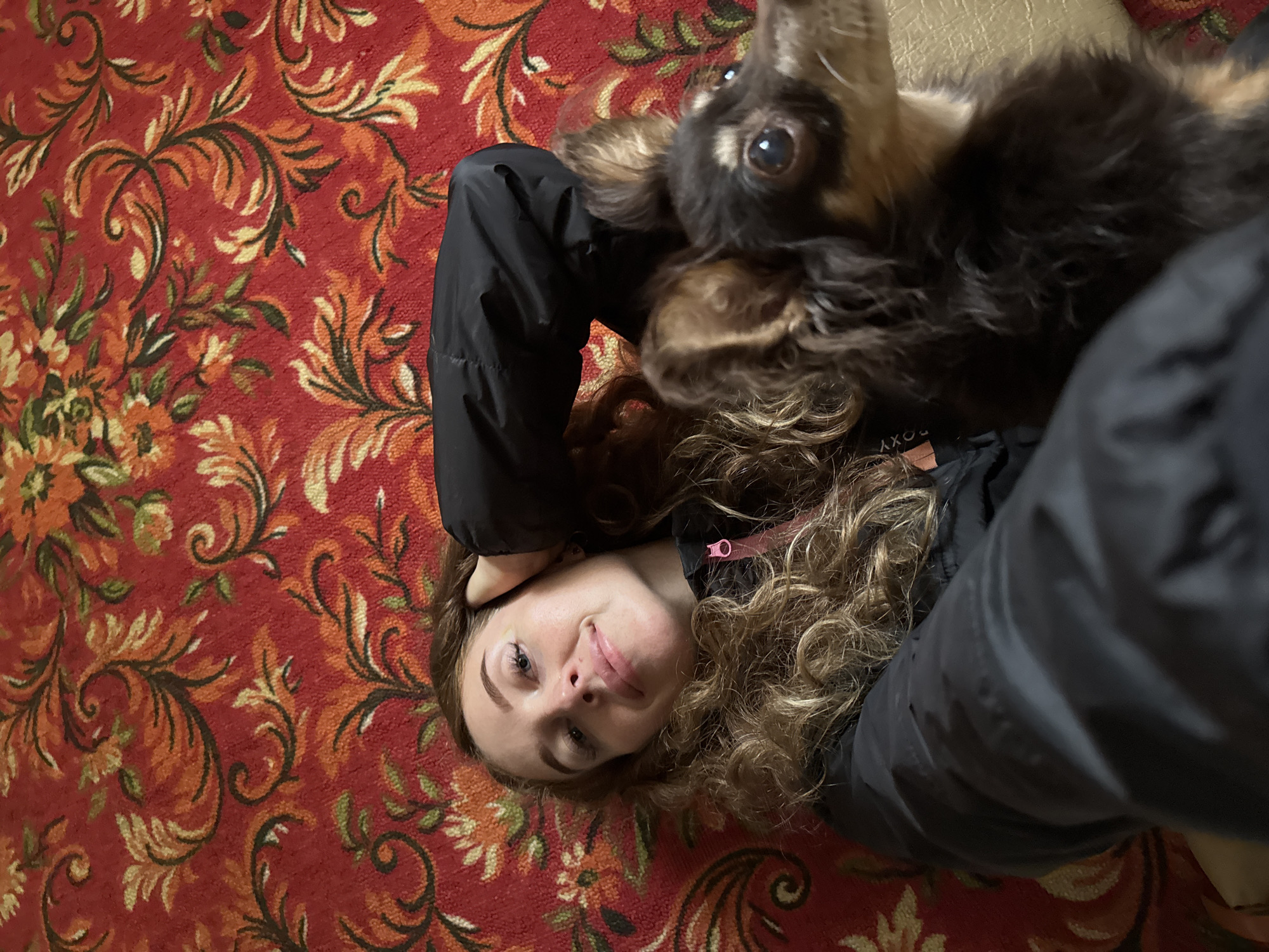 A medium shot captures a young woman and a small dog playfully interacting while lying on a patterned carpet indoors. The woman, with light brown, curly hair, is positioned on the lower left, looking up at the camera with a gentle smile. She wears a black jacket with a visible pink zipper detail near her neck. A small, long-haired dog, possibly a chihuahua, with brown and black fur, is lying on its back just above the woman's head, its face inverted, also looking upwards with dark, expressive eyes.
The setting is an indoor space in Maksimovo, Russia, characterized by a vibrant red carpet with an ornate, repeating floral pattern in shades of orange, yellow, and green, covering the entire visible floor. The lighting is soft and ambient, suggesting a cozy interior. The overall impression is one of relaxed companionship between the woman and her pet. A faint "ROXY" label is visible on a tag near the woman's head, likely on her jacket.