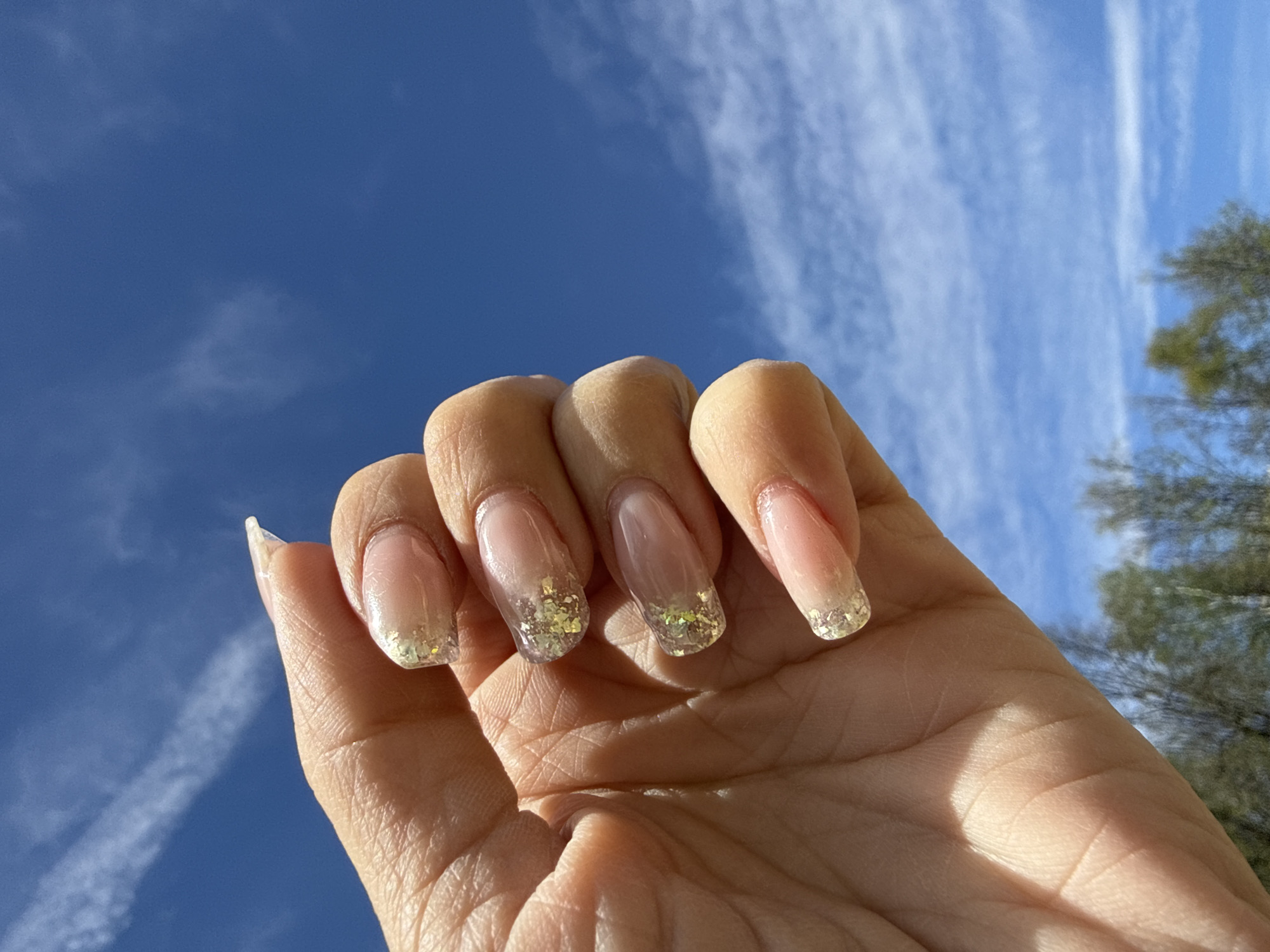 A close-up image displays a hand against a backdrop of a blue sky with wispy clouds and blurred trees in the distance. The hand has long, clear acrylic nails with gold glitter at the tips. The skin tone of the hand appears light. The photograph captures the hand outstretched toward the sky, and the blurred trees suggest the location may be outdoors. The specific location is unknown.