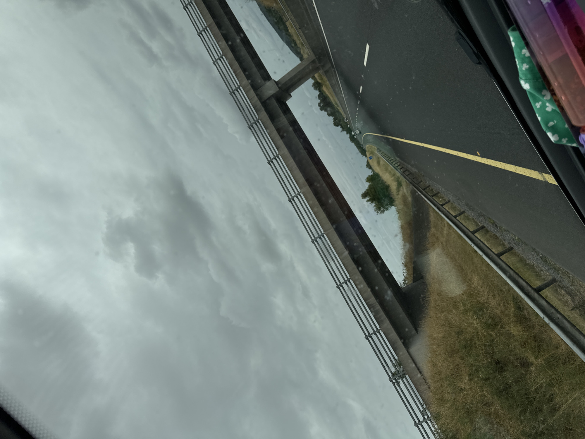 This image depicts a view from a vehicle traveling on a highway under a cloudy sky. A concrete overpass stretches diagonally across the frame, supported by a large pillar. The overpass has a metal railing along its sides. The highway itself is paved and marked with white lines and a yellow dividing line. To the left of the highway, there is dry grass and a metal guardrail. In the distance, there are trees and hills, suggesting a rural or semi-rural setting. The overall impression is of a somewhat overcast day. The metadata indicates the location is in Newrath, Ireland.