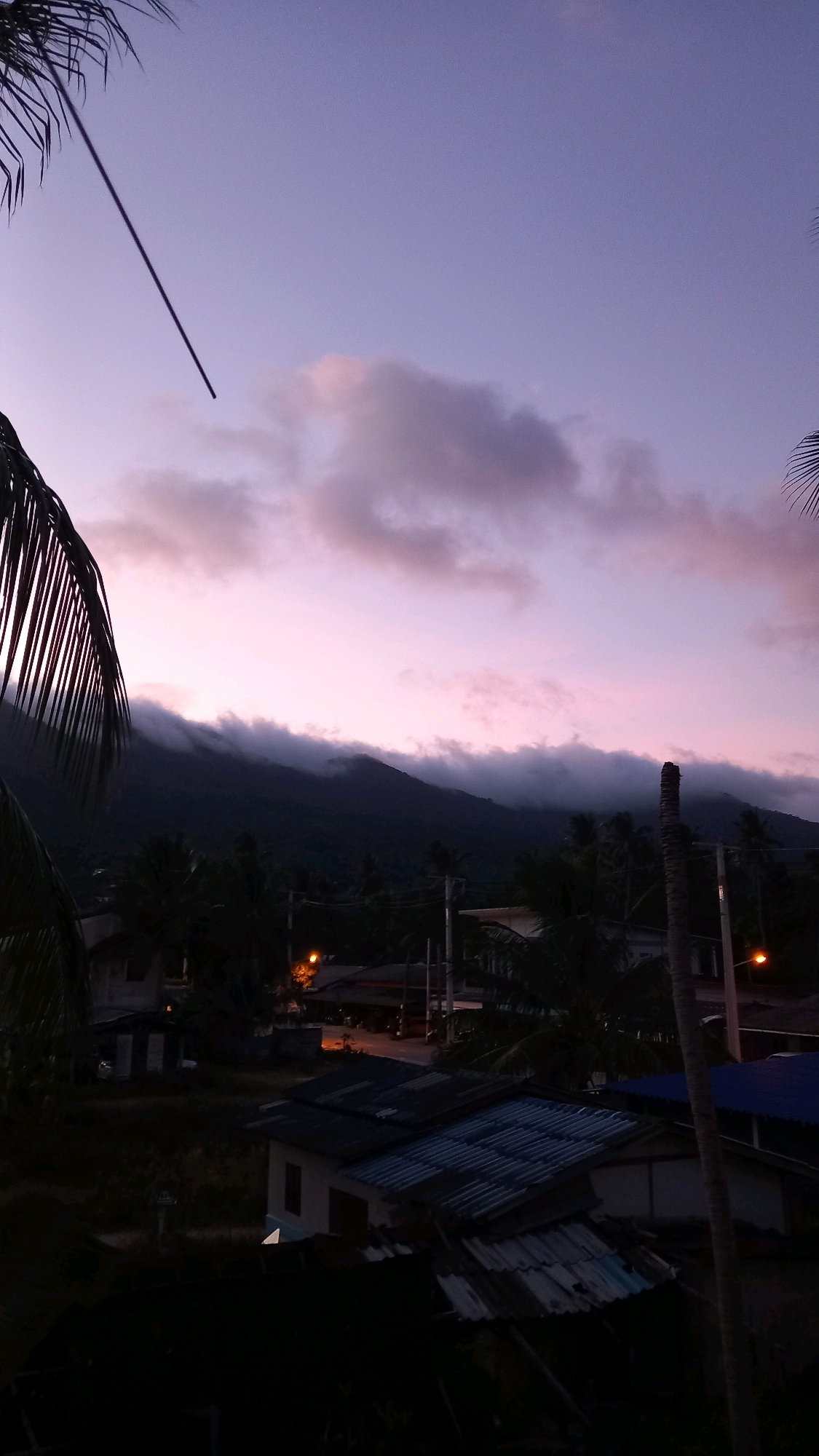 A dusky purple sky with scattered pinkish clouds hangs over a mountainous landscape dotted with palm trees and houses. The mountains are shrouded in mist and dark shadows, with a thin band of clouds clinging to their peaks. In the foreground, silhouetted palm fronds frame the scene on the left. Below the mountains, a small village can be seen, with the roofs of several houses visible. Some houses have corrugated metal roofs, and one has a blue roof. Streetlights are on in the village, casting a warm glow. The overall impression is of a peaceful evening in a tropical location. The specific location is the city of Ko Pha-ngan District, Thailand.