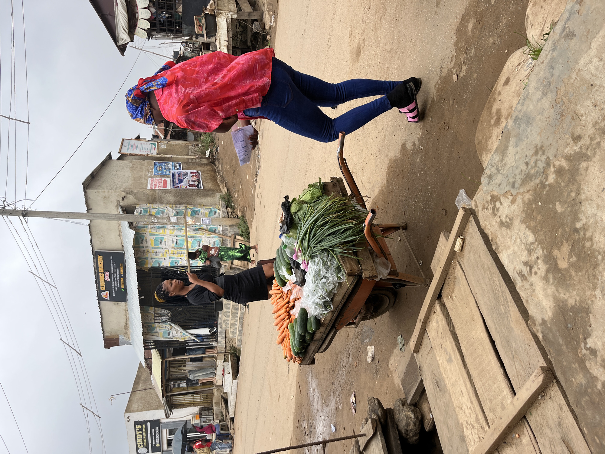 In an outdoor market scene in Abuja, Nigeria, a vendor in a black dress stands next to a wheelbarrow filled with fresh produce, including carrots, cucumbers, and green onions. A customer, wearing a bright red top and blue jeans, approaches the vendor. The market appears to be located along a dirt road, with several small shops and buildings visible in the background. The sky is overcast, and the overall atmosphere suggests a typical day in a bustling Nigerian marketplace.