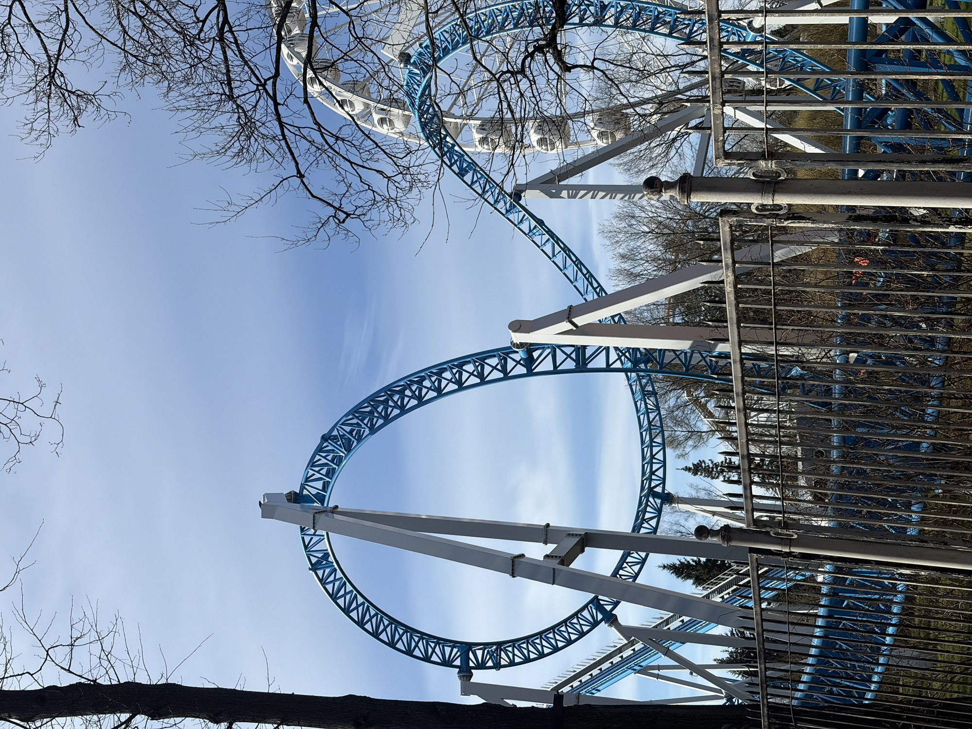 The image depicts an amusement park attraction in Saint Petersburg, Russia, featuring a blue roller coaster track looping against a light blue sky. A white Ferris wheel is partially visible in the background, obscured by bare tree branches. A grey metal fence runs along the bottom right of the frame. The image is oriented with the sky at the top and the ground at the bottom, suggesting it was taken from a low angle.