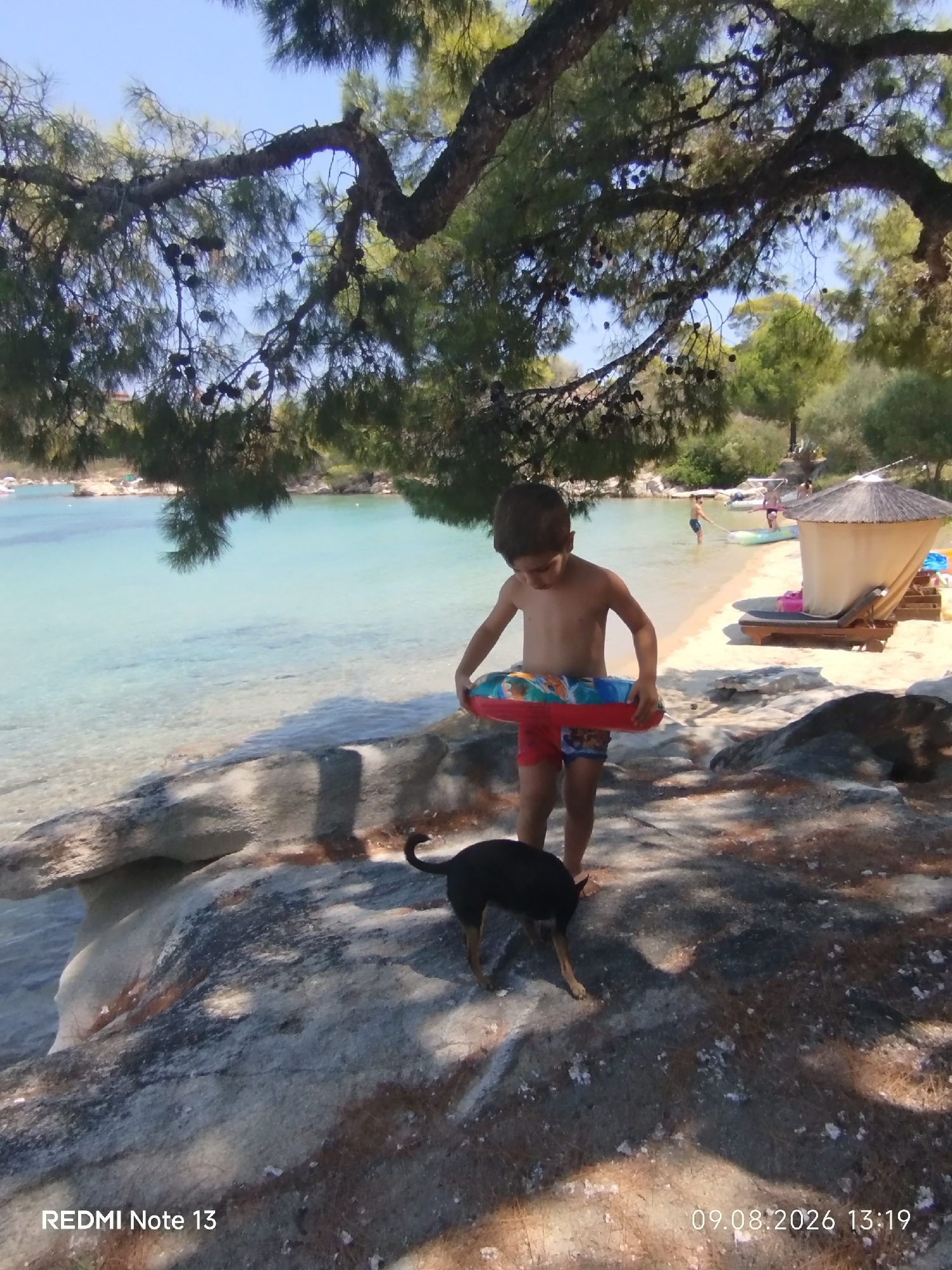 In Sithonia Municipal Unit, Greece, a young boy stands on a rocky beach, holding a colorful inflatable ring. He is wearing red swim trunks. A small black dog stands near his feet. In the background, the turquoise water of the sea is visible, with a sandy beach and lush green trees lining the shore. A thatched umbrella provides shade over a lounge chair on the beach. The scene appears to be a sunny day at the coast.