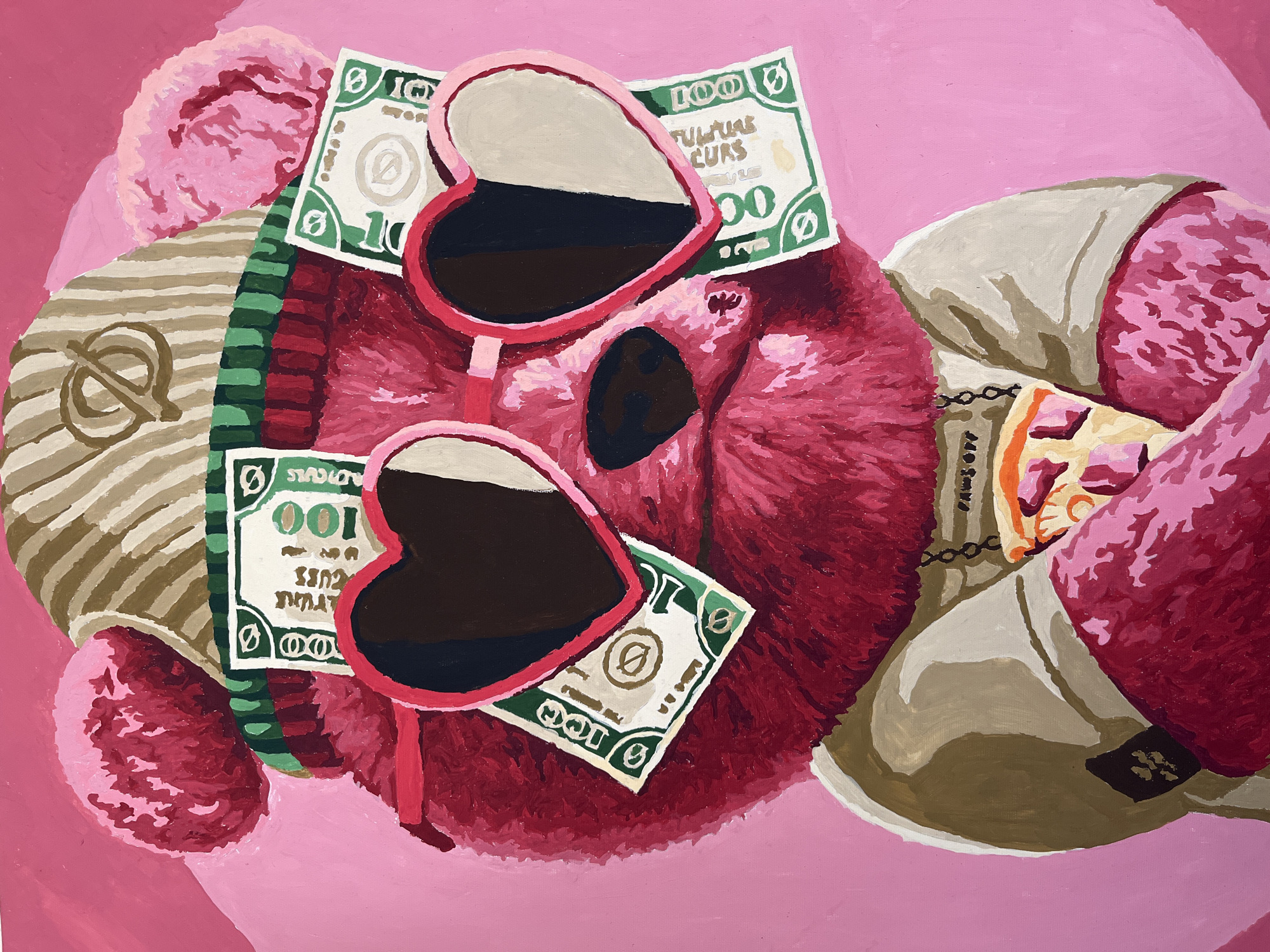 The image is a painting of a teddy bear lying against a pink background. The teddy bear is pink with dark brown eyes and a dark brown nose. It is wearing pink heart-shaped sunglasses and is surrounded by US dollar bills. The bear is wearing a striped wrap around its head. The dollar bills have the numbers "100" and "10" written on them, with Russian phrases written backward on some bills. The city of Ореховка, Russia, is not depicted in this image.