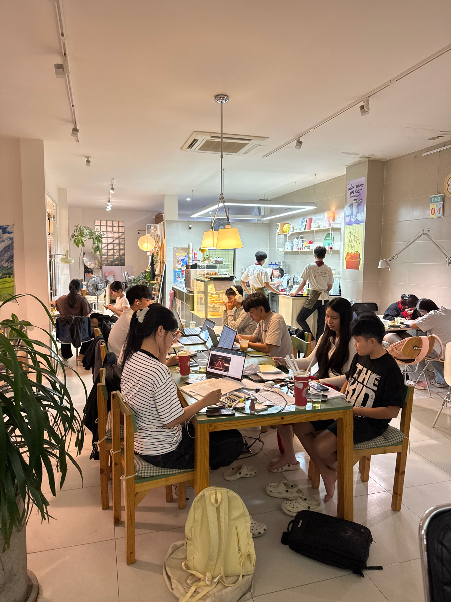 This is a wide-angle, medium-shot interior photograph of a cafe in Phú Thủy, Vietnam, filled with young adults studying. The scene is brightly lit by overhead track lighting and lamps. In the foreground, several individuals are seated at tables, engrossed in laptops and study materials. A large potted plant with lush green leaves is positioned on the left side of the frame. In the mid-ground, more people are seated at tables, some interacting with each other, others focused on their devices. A counter area is visible in the background, where two employees in uniform appear to be serving or preparing items. The cafe's walls are a light beige color, with some decorative posters and shelving units. The flooring is tiled in a light neutral tone. The overall atmosphere suggests a collaborative and studious environment.