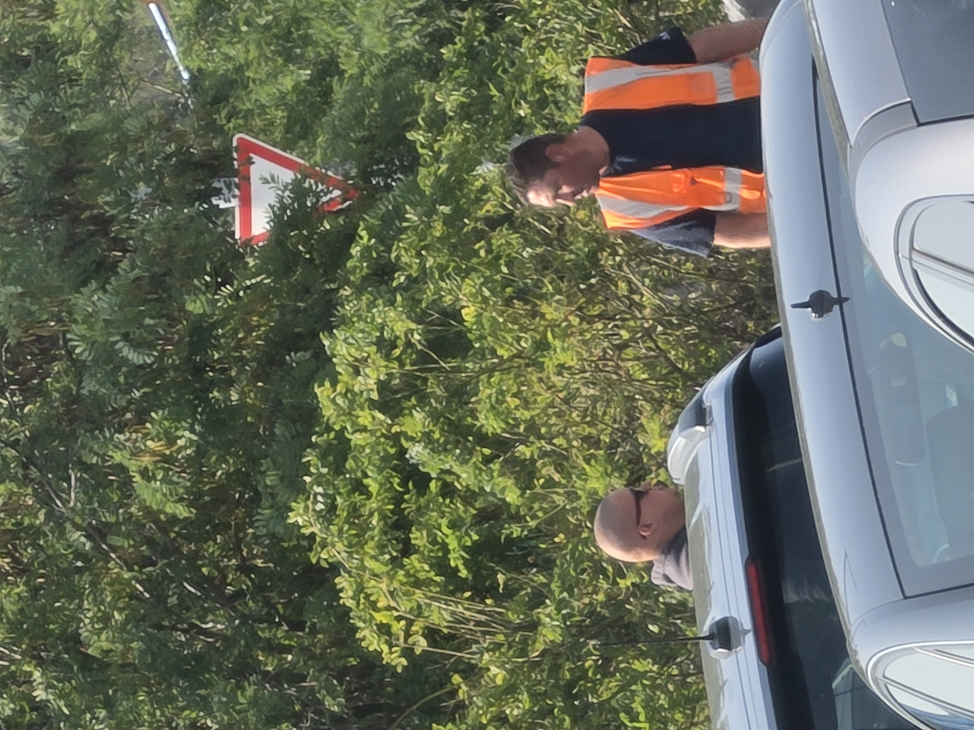 The image shows two men standing near cars, with lush green foliage in the background. One man, with a shaved head and sunglasses, is wearing a grey hoodie and is partially obscured by the roof of a car. The other man, wearing an orange high-visibility vest over a dark t-shirt, is looking to his right. A red and white triangular yield sign is visible amongst the trees. The scene appears to be outdoors, possibly on the side of a road or in a park. There are no visible landmarks that can pinpoint the location to Frankfurt, Germany.