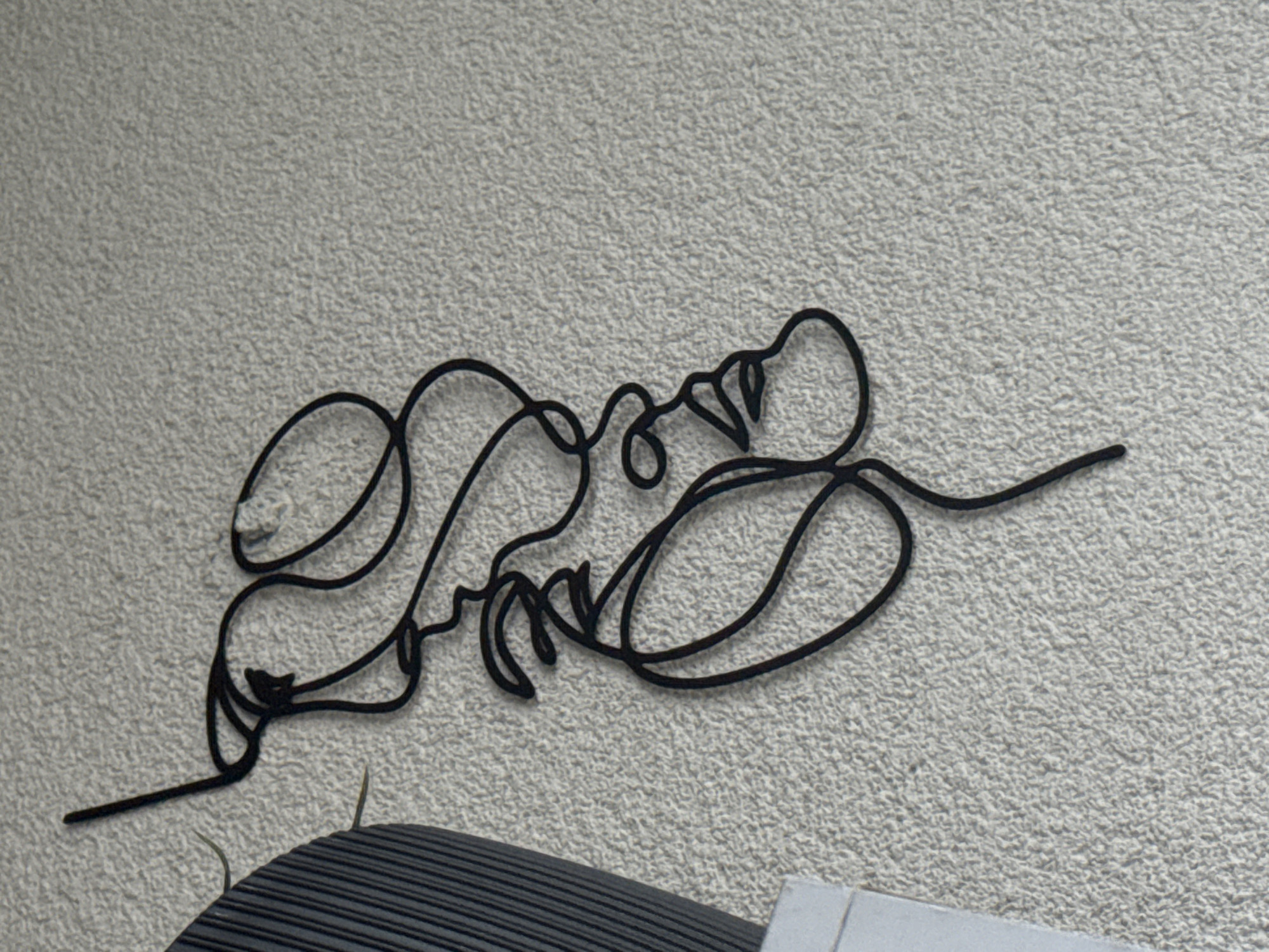 The image displays a black wire art piece mounted on a light grey, textured wall. The artwork is created from a single, continuous black line, forming two stylized figures. One figure appears to be a woman with a distinct profile and flowing hair, possibly reclining or in a relaxed pose. The second figure is less clearly defined but is intertwined with the first, suggesting an embrace or close connection. The abstract, flowing lines evoke a sense of intimacy or tranquility.
In the lower left foreground, a section of a dark object with horizontal ridges is visible, possibly part of a piece of furniture or an electronic device. To the right of this, a small portion of a white, rectangular object is also present. The wall itself has a consistent, fine-grained texture across the frame.
The image is a static shot of an interior space, likely a room. There is no direct activity taking place. The lighting suggests an indoor setting, so time of day and weather are not discernible. No explicit text is visible within the artwork or on the wall. While the provided context indicates Varna, Bulgaria, there are no specific visual cues within the image to confirm this location.