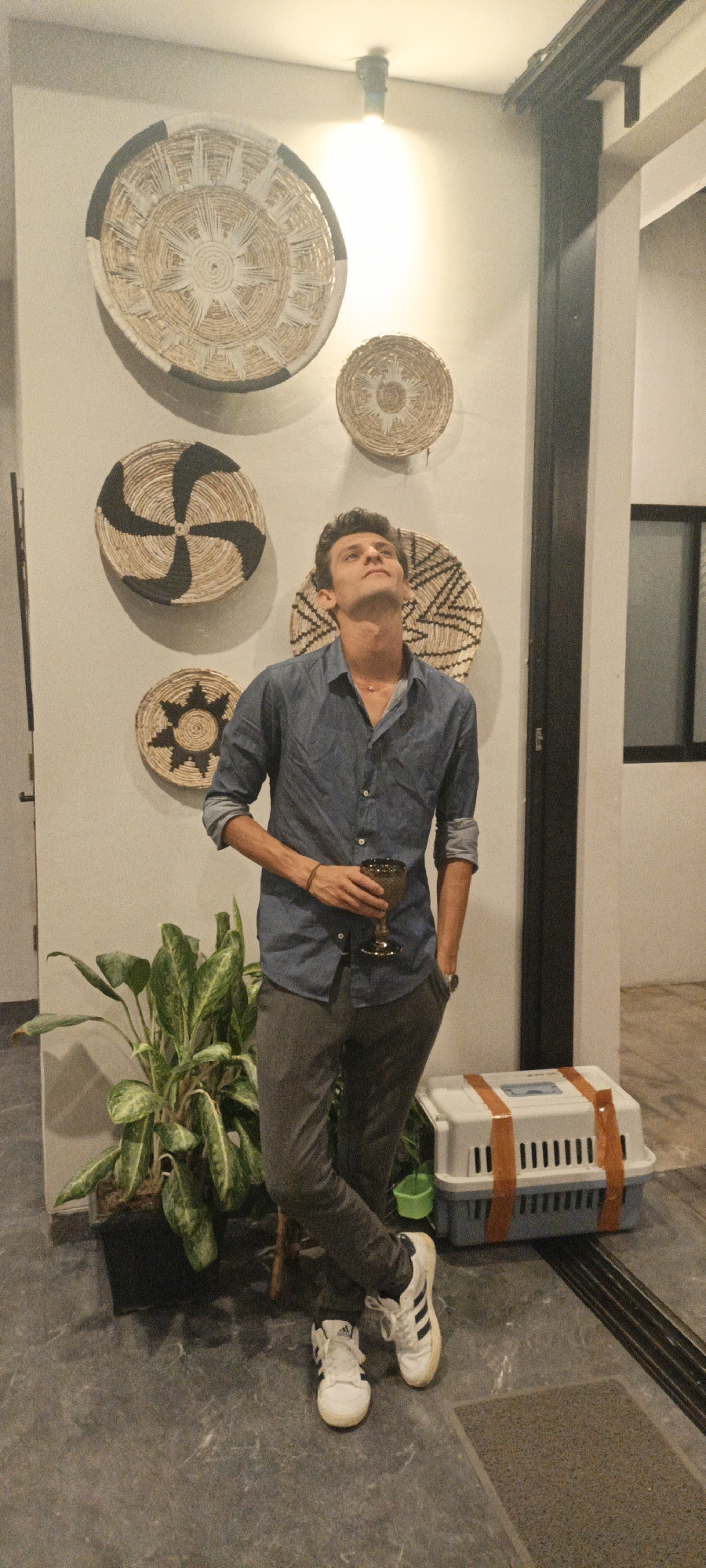 A man stands in front of a textured wall adorned with several woven decorative plates. He is wearing a blue denim shirt with rolled-up sleeves and dark gray pants. He holds a dark-colored goblet in his right hand and rests his left hand in his pocket. The man is looking upwards, and his body is slightly turned to the right. To his left, a large potted plant with broad, variegated green leaves is visible. On the floor to his right, a white pet carrier with orange straps is placed. The setting appears to be indoors, possibly a home or a reception area, with modern flooring and architectural elements. The lighting suggests it is evening or night. There is no visible text in the image. The overall mood seems relaxed and contemplative.