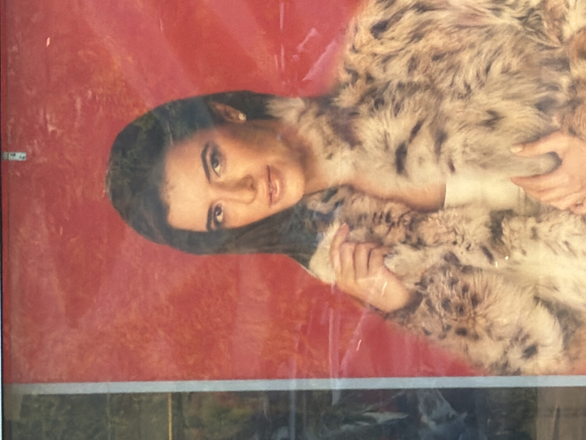 A framed image depicts a woman with dark hair, wearing an off-white garment and holding a spotted fur-like piece of clothing. The background behind the woman is a textured red color. The frame shows a reflection of the surrounding environment. It is located in Morton Grove, United States of America.