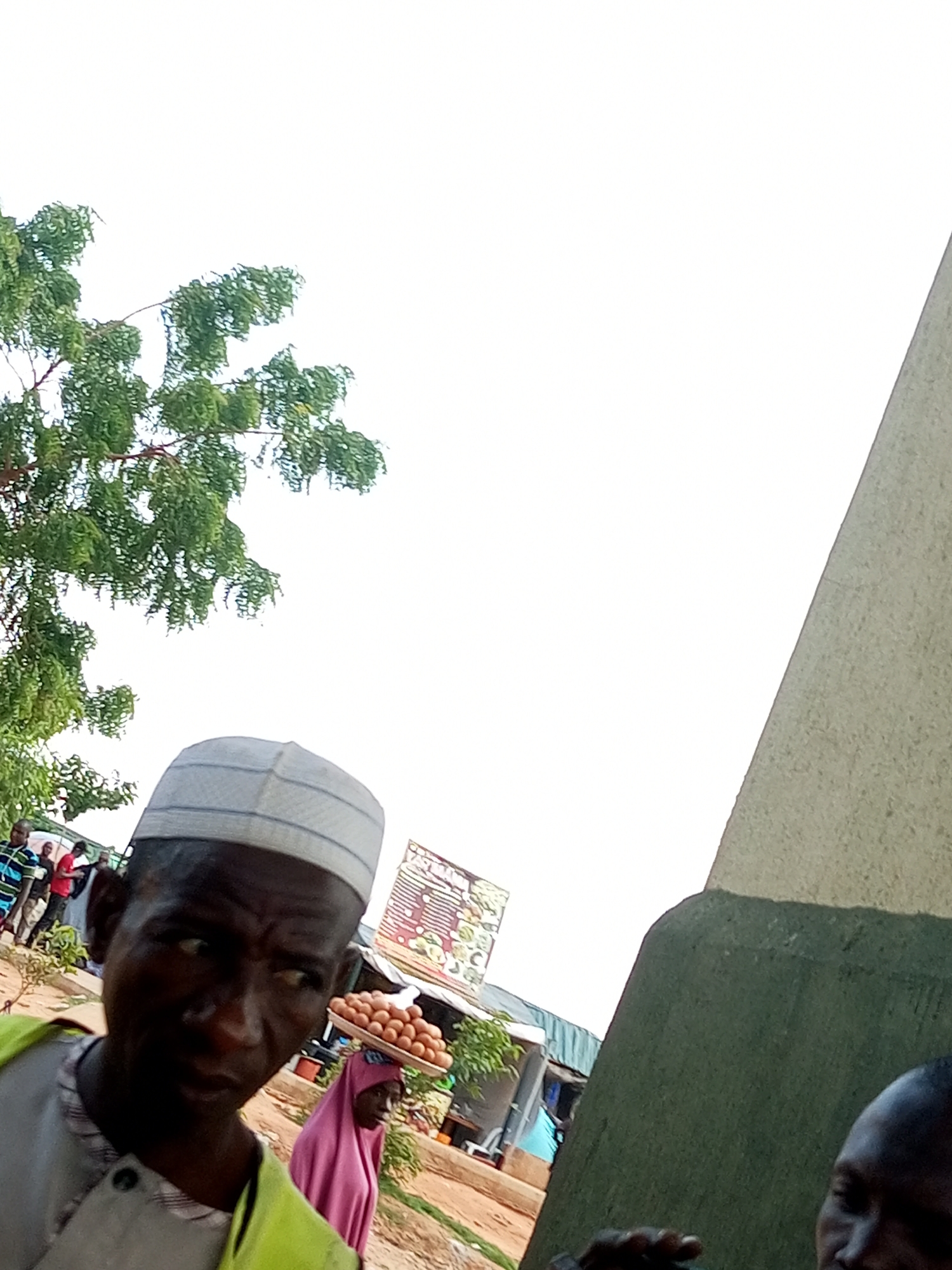 A medium shot captures a man in the foreground, wearing a white striped cap and a light green vest over a grey garment. He is looking to his right with a concerned expression. Behind him, a woman in a pink hijab is carrying a tray of eggs on her head. In the background, there are other people and market stalls, suggesting a busy outdoor market environment. A large, light-colored structure dominates the right side of the frame, with a green section at its base. Lush green foliage from a tree is visible on the left side of the image, with a pale, overcast sky above. The scene appears to be outdoors, possibly in a market or public area, within the city of Gombe, Nigeria, given the context provided.