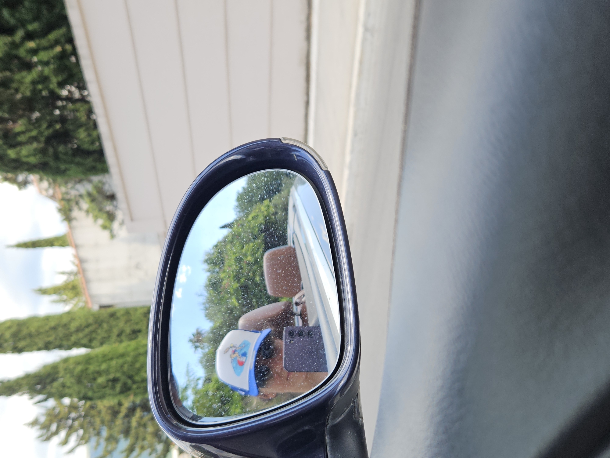 The image shows a car's side mirror reflecting the driver wearing a hat and holding a smartphone. The reflection also includes the rear passenger seat and the outside environment, featuring green trees and a building with a white exterior. Part of a road is visible outside of the mirror's reflection.