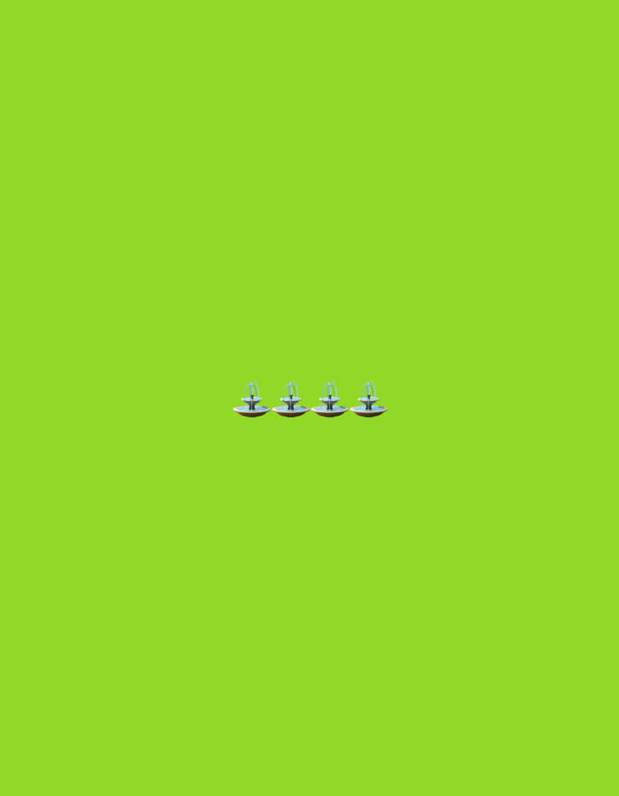 This image displays four identical silver and brown sprinkler heads arranged horizontally in the center of a bright green, uniform background. The sprinkler heads appear to be made of metal, with a metallic silver dome and a brown base. They are positioned evenly spaced from each other, with no other objects or elements present in the scene. The background is a flat, unbroken expanse of vibrant lime green, suggesting a studio setting or digital manipulation rather than a natural environment. There is no indication of a specific location in Gorzow, Poland, or any contextual information to associate the image with that city. The image is devoid of any human presence, activity, or interaction.