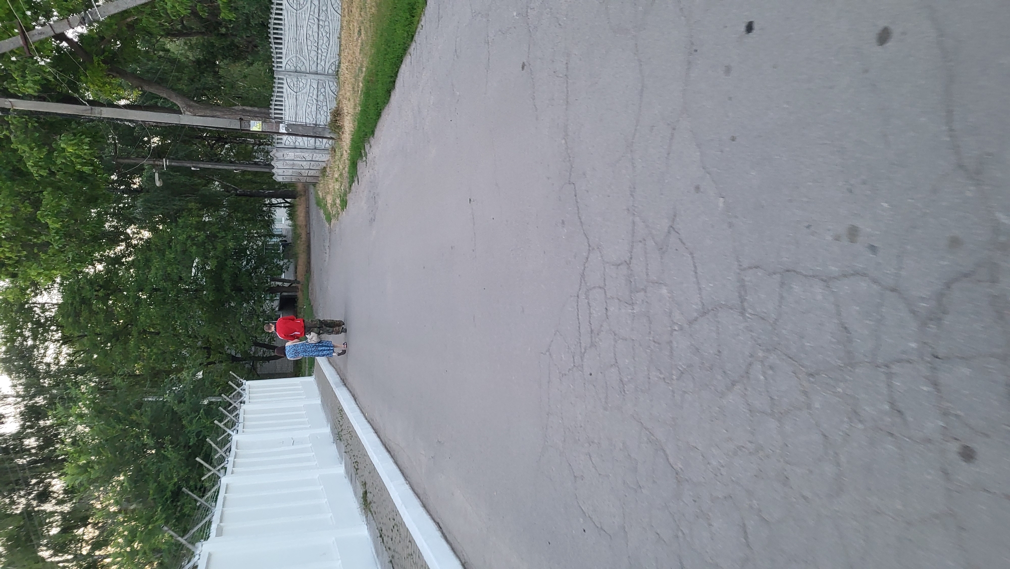 A man and a woman are walking away from the camera down a paved road. The man is wearing a red shirt and camouflage pants. The woman is wearing a blue patterned dress. To the left of the road is a white wall topped with barbed wire. To the right of the road is a concrete fence. Trees and power lines are visible in the background. The sky is overcast.