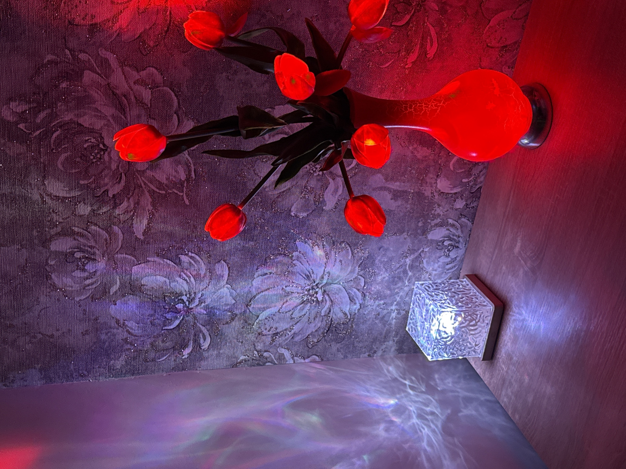 A still life with red tulips in a red vase, illuminated by red and blue lighting in an indoor setting. The vase is placed against a wall with floral-patterned wallpaper. A cube-shaped light fixture is mounted on a wall adjacent to the wallpapered wall, casting patterns of light onto a surface below.