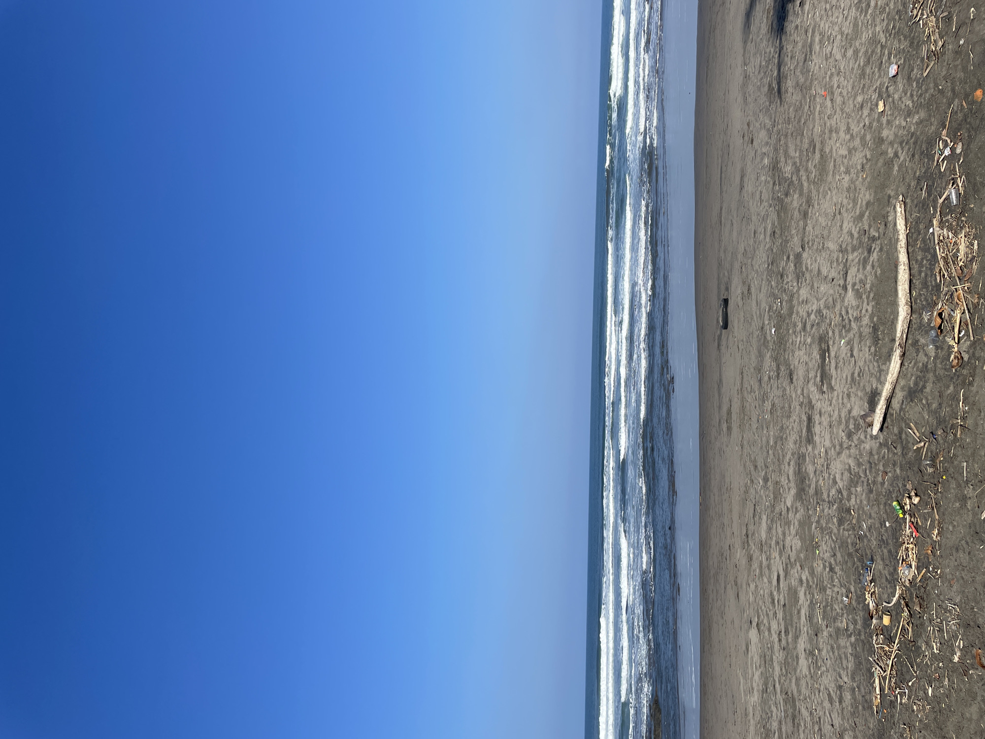 This is a wide shot of a beach in Pekutatan, Indonesia, with a clear blue sky and a calm ocean. The sand is dark, and there is debris scattered across it, including driftwood, plastic bottles, and other assorted trash. A single tire is visible in the distance on the sand. The ocean has several waves breaking on the shore, with white foam visible. The overall scene is one of a natural environment with signs of human impact.