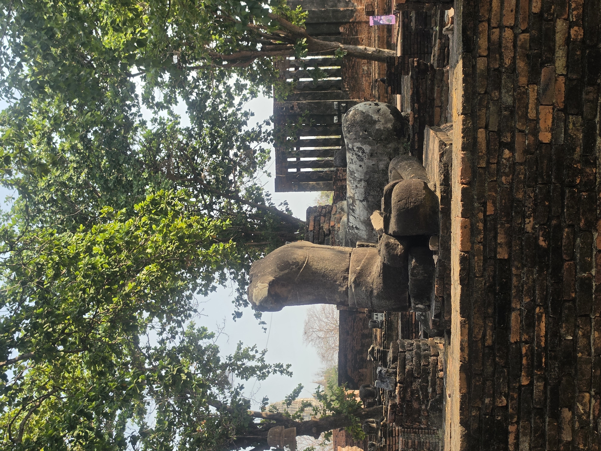 The image depicts a partial view of Wat Yai Chaimongkol, a Buddhist temple located in Phra Nakhon Si Ayutthaya City Municipality, Thailand. The scene includes a deteriorated stone statue with a detached head, positioned near a brick wall and stone columns with missing sections. The temple grounds are partially covered by the canopy of a large tree with lush green foliage, obscuring part of the sky and temple structure. The setting is outdoors, presumably during daylight hours under slightly hazy conditions. A purple object is visible at the top right.