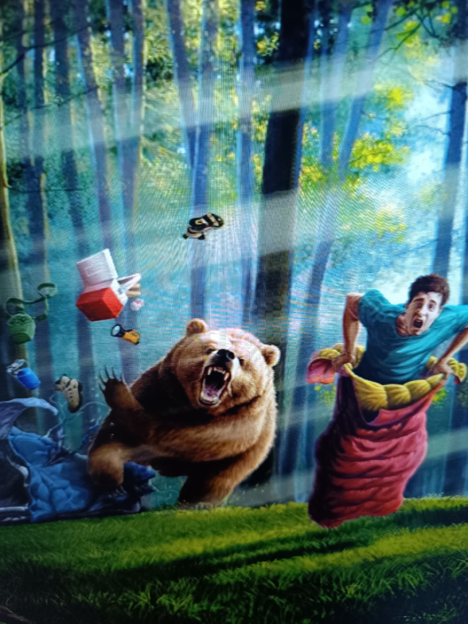 This image depicts a humorous and chaotic scene in a forest. The central subjects are a large, aggressive bear and a man struggling inside a red sack. The bear is lunging towards the man, with its mouth open and claws extended, conveying a sense of imminent danger and aggression. The man, wearing a teal shirt, has a look of shock and terror on his face as he is being pulled out of the sack, which appears to be filled with hay or straw.
Scattered around the foreground and mid-ground are various objects, including what looks like a blue rock or creature on the left, a red and white topped container, and several green, leaf-like objects that might be plants. A small, striped creature, possibly a raccoon or skunk, is also visible in the air, seemingly caught in the commotion. The background consists of a dense forest with tall, slender trees and dappled sunlight filtering through the canopy, suggesting it is daytime. The overall mood is one of frantic action and a touch of cartoonish absurdity. There is no visible text in the image. The location context of Taraz, Kazakhstan, does not provide specific visual cues within the image itself.