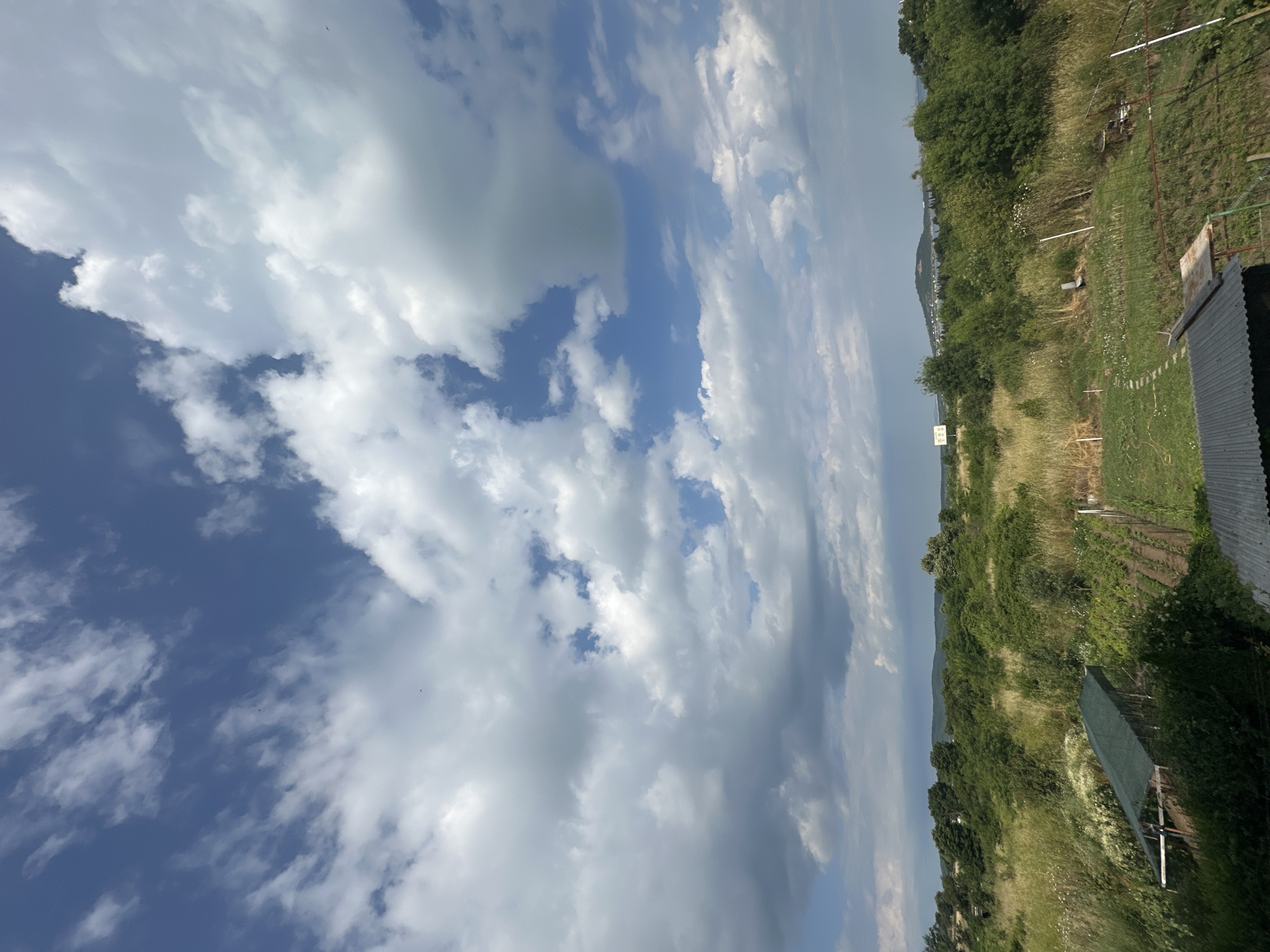 The image depicts an outdoor scene with a sky full of clouds, a green landscape, and a small garden area. The sky is a prominent feature, with a mix of fluffy white and darker gray clouds against a blue background. In the landscape, there are various shades of green from trees, bushes, and grass. A garden with rows of plants is visible, along with a green-covered structure that appears to be a greenhouse or a shelter. In the distance, rolling hills can be seen, and possibly a body of water and some buildings. The overall impression is of a rural or semi-rural setting. The crops provided show close-ups of the sky and parts of the landscape with the garden.