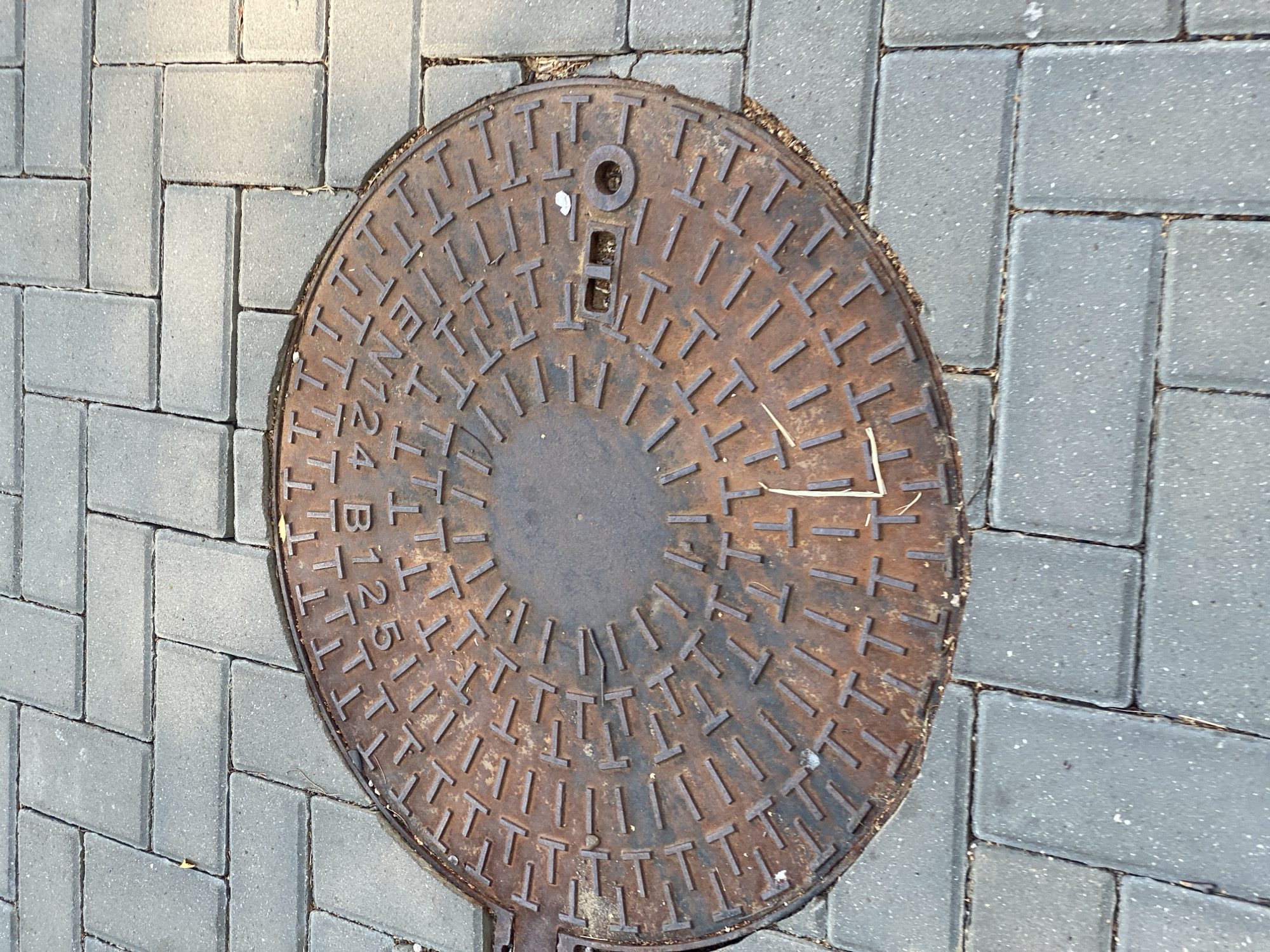 An overhead shot shows a circular, rusty manhole cover embedded in a grey, interlocking brick sidewalk. The manhole cover has a patterned surface with raised T-shaped elements arranged in concentric circles. Text on the cover is partially visible, reading "EN124 B125". The sidewalk bricks are laid in a herringbone pattern. The scene is outdoors, suggesting a public street or pathway.