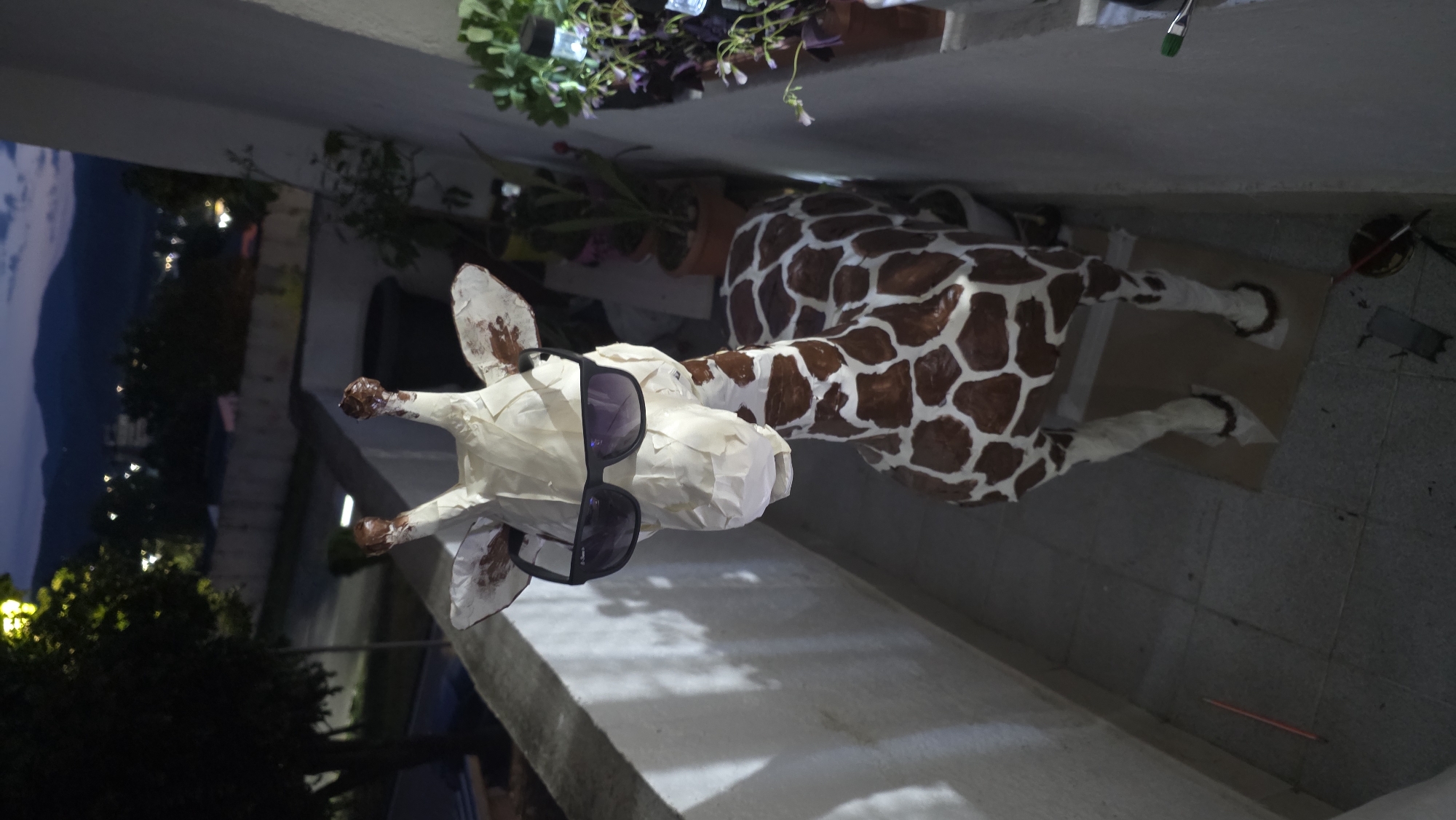 The image shows a partially completed giraffe sculpture outdoors. The body of the giraffe is painted with brown spots on a white base, while the head is still covered in white paper and wears sunglasses. The sculpture rests on the ground next to a ledge, with flower pots visible in the background. The setting appears to be a balcony or patio. The image was taken in Blagoevgrad, Bulgaria, based on location data.