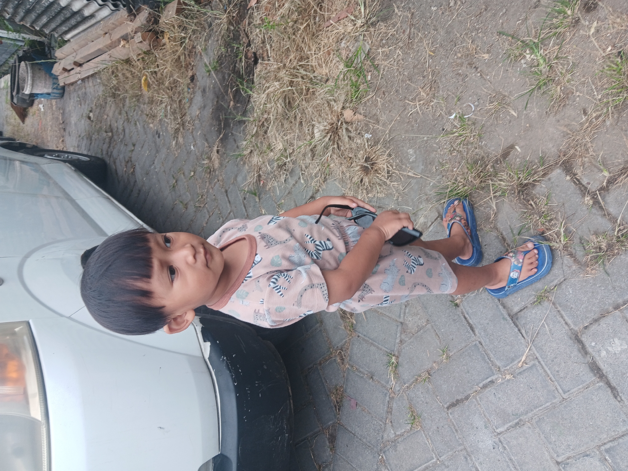 In Batursari, Indonesia, a young child stands on a gray brick pathway next to a white van. The child, wearing a light brown onesie with a safari animal print and blue flip-flops, holds a pair of dark sunglasses in their right hand. The ground is a mix of the brick pathway and dry, patchy grass. In the background, wooden planks and stacked corrugated metal sheets are visible.