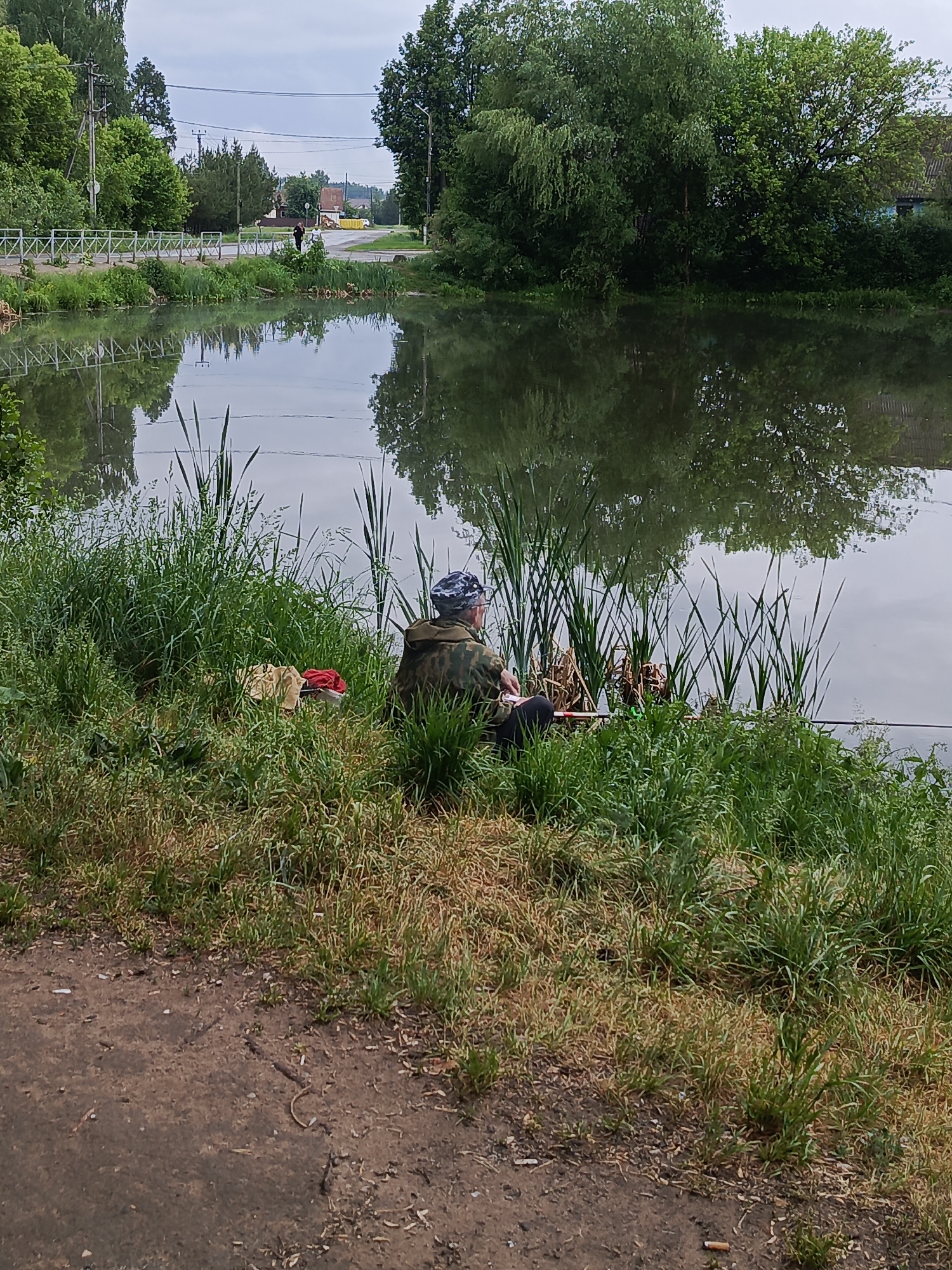 The photograph shows a person fishing in a pond. The individual is seated on the grassy bank, amidst tall grass and reeds that line the water's edge. A backpack and red cloth-like item are beside them. In the background, the pond reflects the surrounding trees and foliage. The scene suggests a tranquil, outdoor recreational activity. The location is the city of Chaikovsky, Russia.