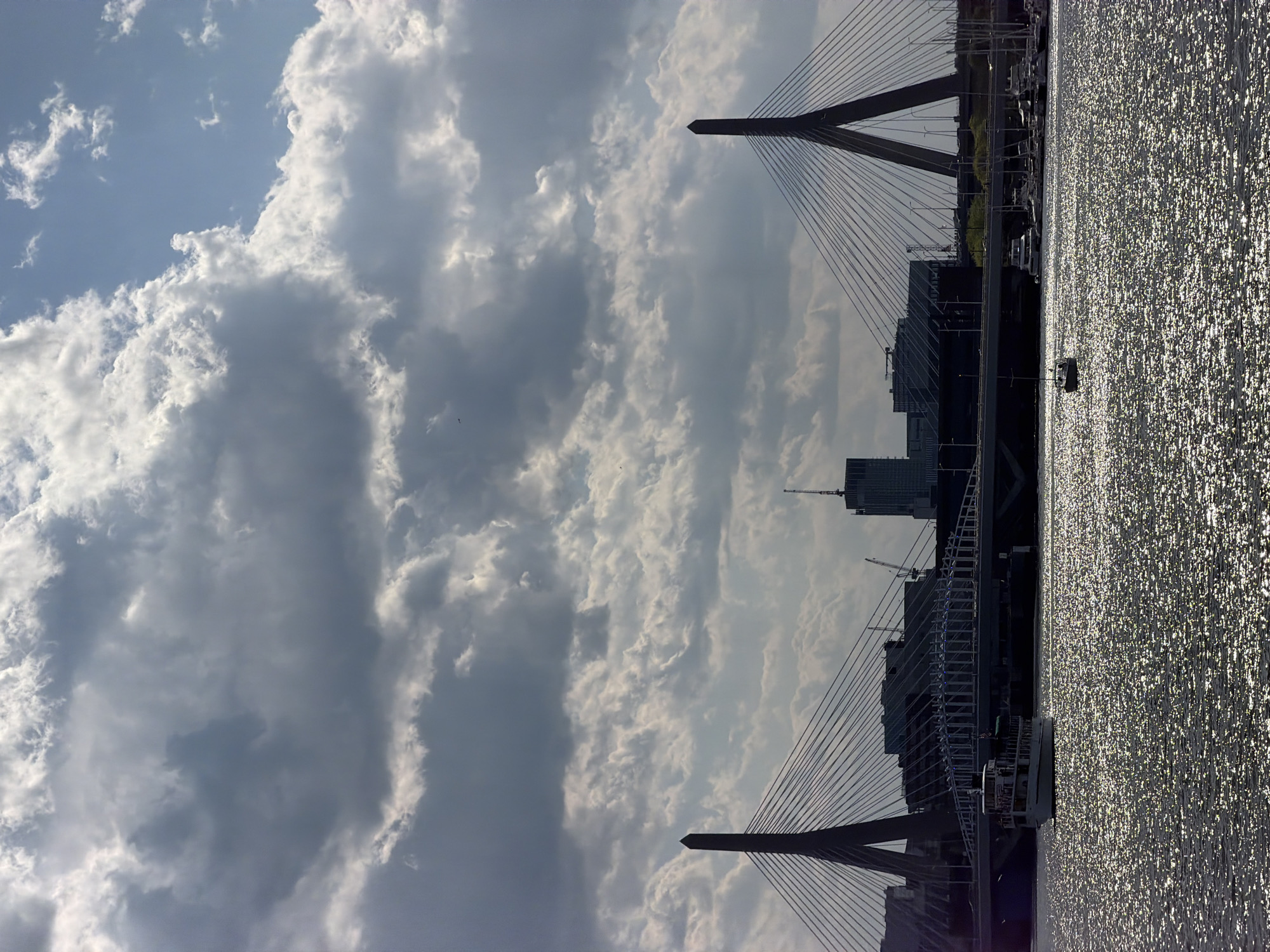 Here's a description of the image:
The image shows the Zakim Bridge in Boston, United States of America. The bridge spans across the water, which reflects the sunlight. There are buildings visible behind the bridge. The sky is filled with clouds. A boat is passing underneath the bridge.