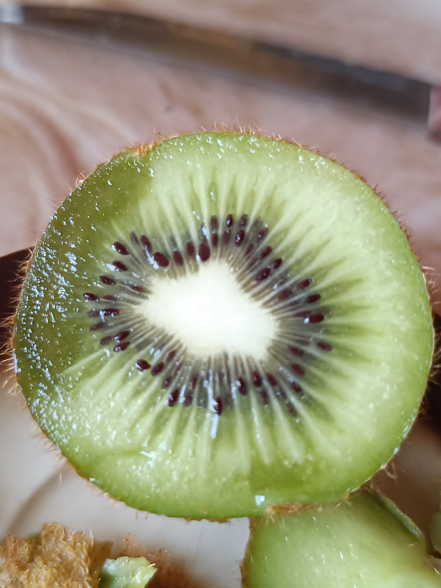 A close-up, top-down shot features the cross-section of a freshly sliced kiwi fruit, dominating the center of the frame. The kiwi exhibits its characteristic vibrant green flesh, which appears juicy and slightly glistening, indicating freshness. Dark, tiny, edible seeds are arranged in a concentric pattern around a distinctive creamy white core, radiating outwards towards the fuzzy, light brown skin. The skin itself is partially visible along the curved edges of the slice, showing its characteristic short, fine hairs.
In the blurred background, above the kiwi, there appears to be a light brown, possibly wooden or textured surface. Below the main kiwi slice, hints of another kiwi piece are visible, along with what looks like a light-colored plate or bowl containing some irregular, light brown, crunchy-textured food item, possibly cereal or granola.
The lighting is bright, suggesting an indoor setting during the daytime. There are no people visible, nor any discernible activity beyond the presentation of the sliced fruit. No visible text is present in the image. While the location context is given as Pleven, Bulgaria, there are no visual cues within the photograph to confirm this specific geographical location. The focus is sharp on the kiwi, with a shallow depth of field blurring the foreground and background elements.
