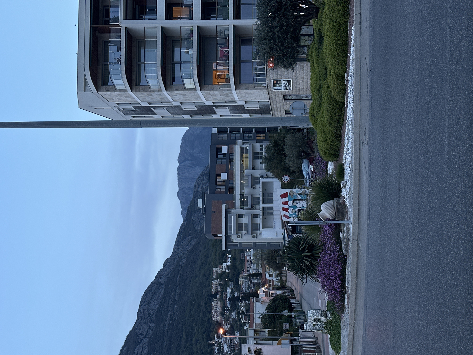 The image shows a view in the city of Šušanj, Montenegro. In the foreground is an asphalt road. A curb separates the road from a landscaped area featuring green bushes, purple flowers, and decorative white rocks. Adjacent to the road are various buildings, including a modern apartment complex with balconies and floor-to-ceiling windows. Further back, a mountain range looms in the background under a cloudy sky. The settlement on the mountain slopes is dense, with numerous houses and buildings visible. A street light is positioned to the left of the road. The overall impression is one of a coastal urban environment set against a dramatic mountain backdrop.