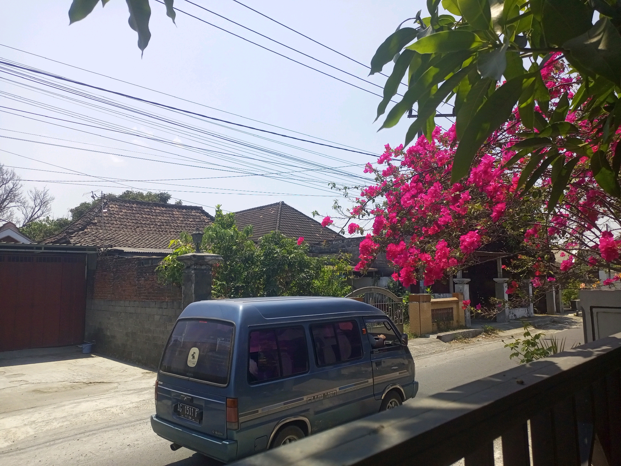 The image captures a street scene in the city of Ngasem, Indonesia, on a bright, clear day. The foreground is dominated by a dark, wooden railing, obscuring the lower portion of the frame. Beyond the railing, a blue minivan is parked on the right side of a paved road. The minivan, identified by a license plate ending in "1511 F," has tinted windows and a decorative sticker on its rear window. To the left of the road, a brick wall with a large, reddish-brown garage door is visible, adjacent to a concrete driveway. Behind the wall and garage, traditional Indonesian houses with tiled roofs are nestled amongst lush greenery. A vibrant bougainvillea tree, adorned with numerous bright pink flowers, adds a striking splash of color to the scene, its branches extending towards the right side of the image. Overhead, a complex network of power lines crisscrosses the sky, with the leaves of a large tree partially obscuring the view in the upper right corner. The overall impression is a typical residential street in a warm climate, characterized by a blend of domestic architecture, natural elements, and essential urban infrastructure.