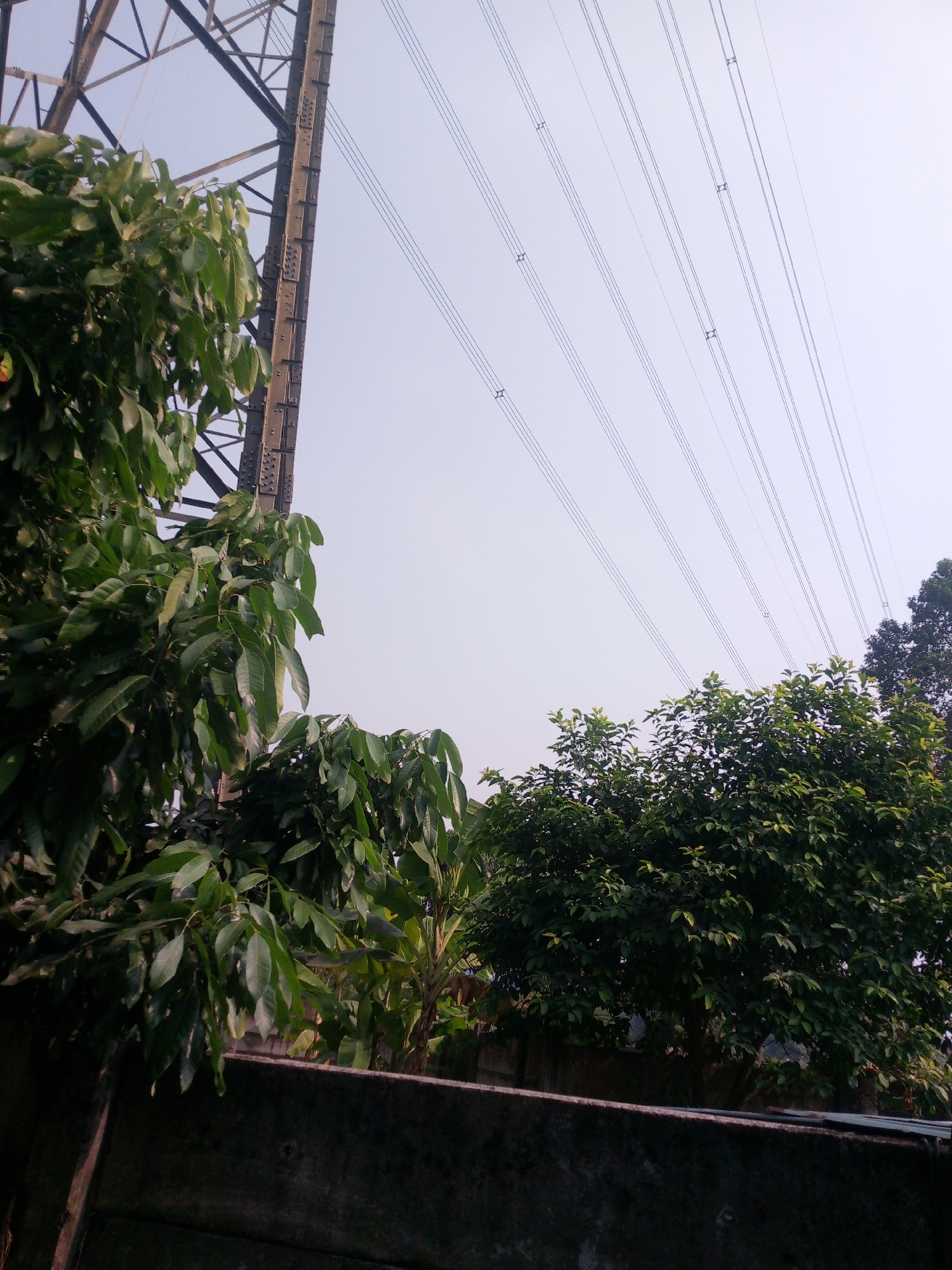 The image depicts an outdoor scene with a large, dark concrete wall in the foreground. Behind the wall, lush green foliage of trees is visible. In the mid-ground, a tall metal power line tower, constructed from angular beams, dominates the left side of the frame. Several high-tension wires stretch diagonally across the pale, overcast sky from the tower. The overall impression is one of an urban or semi-urban environment in Dukuh, Indonesia, likely a residential or industrial area, characterized by infrastructure and abundant vegetation. There are no people or animals present in the image.