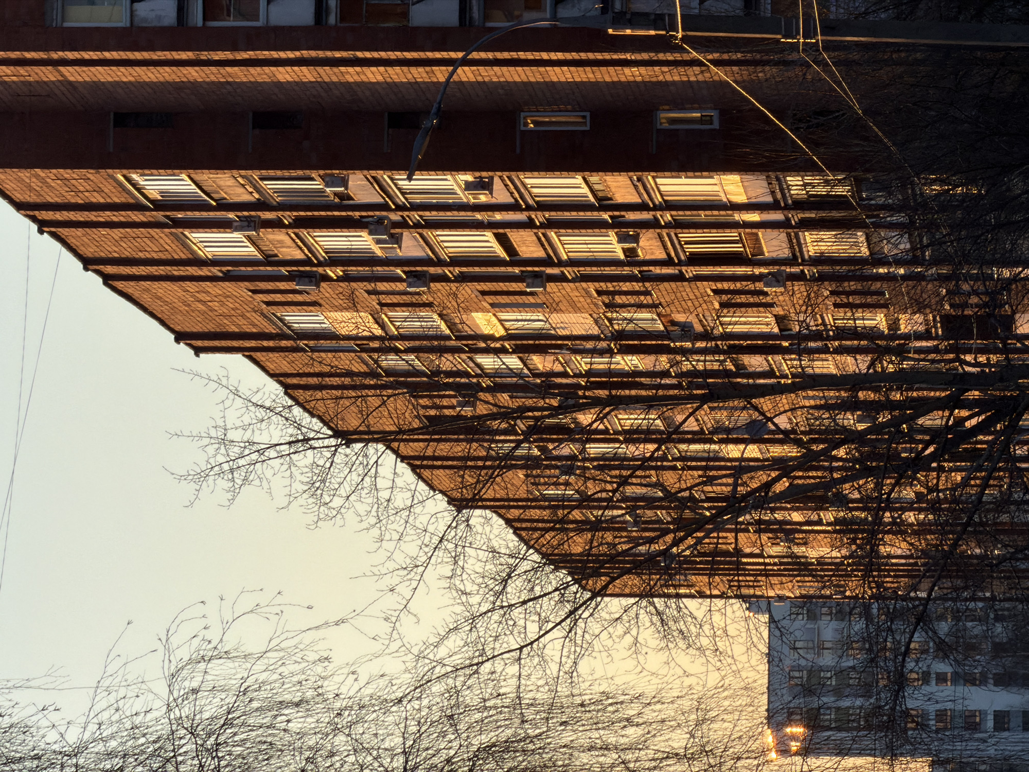 The image shows an upside-down view of a brick building with multiple windows. The building appears to be multi-storied. Tree branches without leaves are in the foreground, partially obscuring the building. The sky is visible in the background, suggesting it might be sunset or sunrise. Another building is partially visible behind the trees. The city is Izhevsk, Russia.