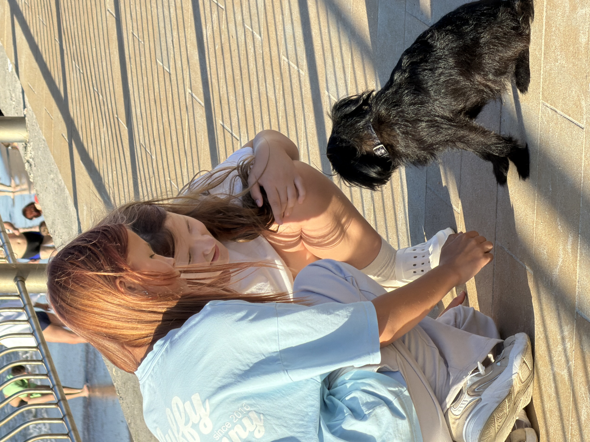 Two young females, one with reddish-brown hair and the other with brown hair, are crouching on a paved walkway near the sea. A small, black, shaggy dog with a patterned collar is sitting in front of them, facing away from the camera. The female with reddish-brown hair is wearing a light blue t-shirt and light-colored pants. The other female is wearing a white t-shirt and white socks. The paved walkway is made of rectangular tiles and is casting long, striped shadows from an unseen railing. In the background, the sea is visible with people wading in the shallow water. The scene appears to be a sunny day at a beachside promenade in Zelenogradsk, Russia.