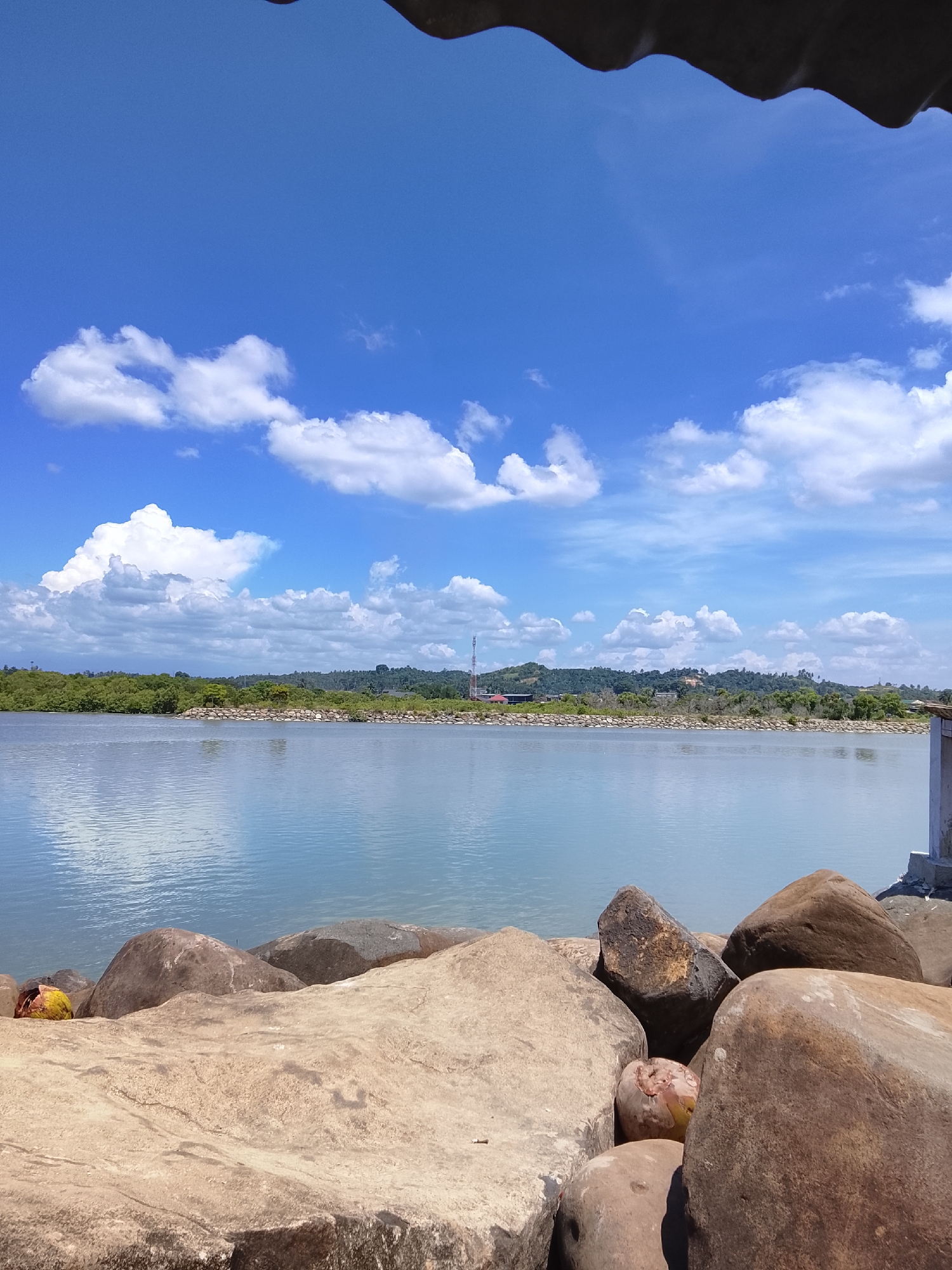 The image depicts a waterfront scene in Lhokseumawe, Indonesia, likely near the industrial area or a port. In the foreground, large, weathered rocks form a natural embankment along the water's edge. A coconut, partially submerged amongst the rocks, is visible on the left side. The water is calm and reflects the bright blue sky, which is dotted with scattered white clouds. Beyond the water, a lush green treeline stretches across the horizon, interspersed with some buildings and a prominent communication tower. The overall impression is one of a serene, natural environment contrasting with signs of human development in the distance.
