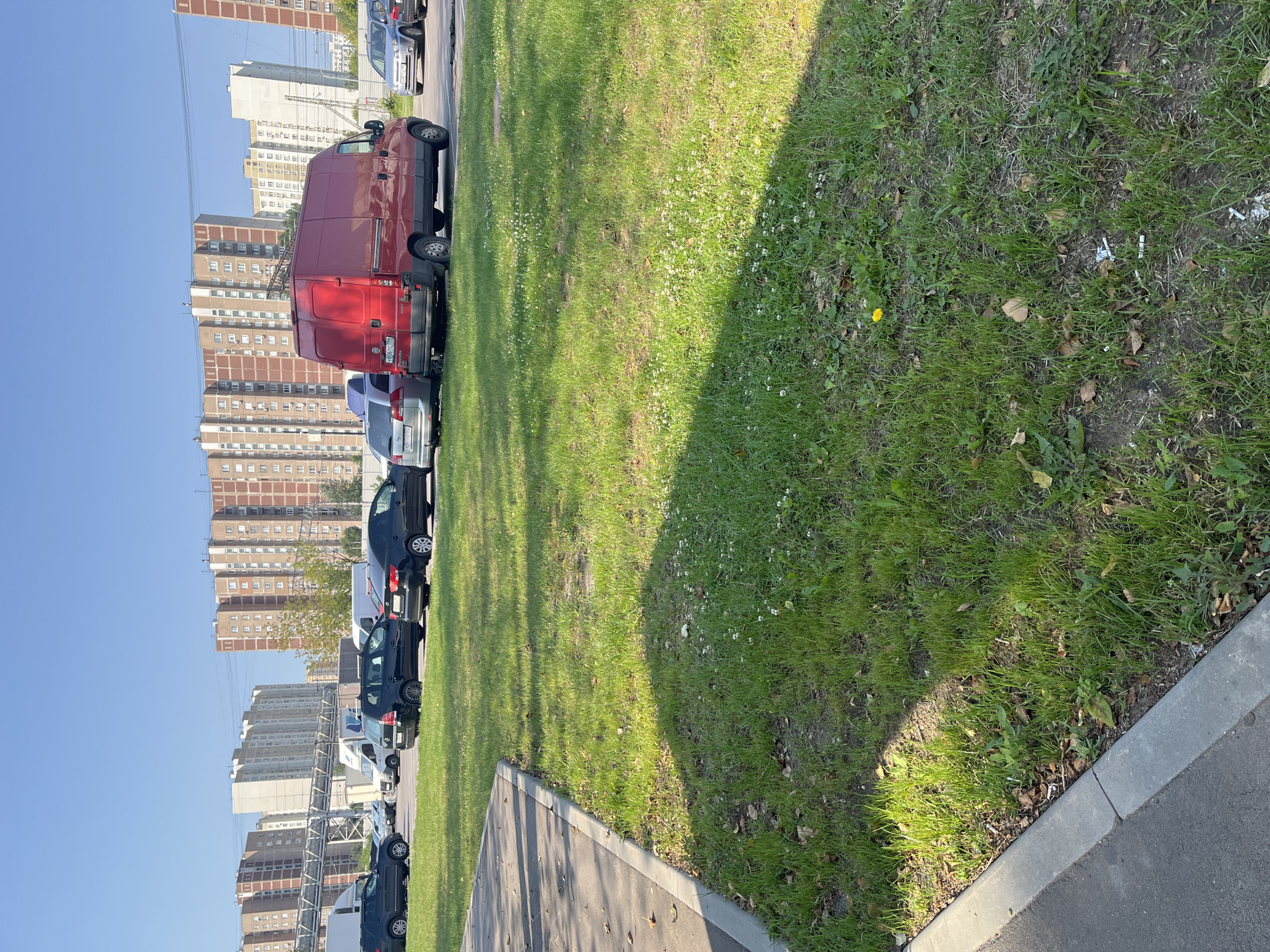 This is a daytime, eye-level, outdoor, medium shot of a parking lot and a grassy area in Moscow, Russia. The scene is characterized by a clear blue sky and bright sunlight casting shadows on the grass. In the background, several large, multi-story apartment buildings are visible, with their brick facades and numerous windows. Power lines and their support structures are also present between the buildings.
In the parking area, there are multiple vehicles. The most prominent is a large red van, which appears to be a cargo van. To its left, there is a silver hatchback and a black sedan. Further to the left, a black SUV is parked. A white panel van and other vehicles are also visible in the distance, suggesting a busy area.
The foreground consists of a well-maintained grassy area with some scattered fallen leaves and small white flowers. A paved walkway or sidewalk runs along the left edge of the frame, bordered by a concrete curb. The grass is well-lit by the sun, with distinct shadows from unseen objects. A single yellow dandelion is visible in the grass. There is some litter, including cigarette butts, visible in the grass.
The overall impression is a typical urban residential area with ample parking and green spaces.