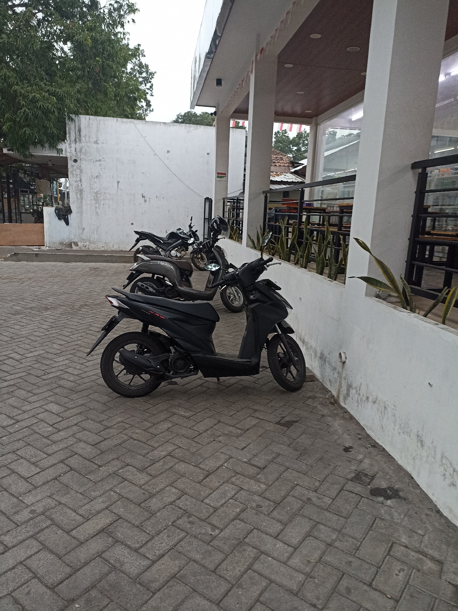 The image depicts an outdoor scene at a location resembling a cafe or restaurant with a covered outdoor seating area, observed from a paved courtyard. The courtyard is constructed of interlocking grey pavers laid in a herringbone pattern. In the foreground, a black scooter is parked, facing left, with its front wheel turned slightly to the left. Behind it, another scooter, also black, is parked further back and angled towards the right. Further behind these, a third scooter, dark grey with a brown seat, is visible. The building features white concrete pillars supporting a brown ceiling with recessed lighting. A white wall runs along the right side of the building, with a line of potted snake plants situated in front of it. The wall exhibits some signs of weathering and staining. To the left of the building, a white wall with a rough texture extends outwards, partially obscured by trees. The general environment appears to be an urban or semi-urban setting in Tompokersari, Indonesia, with the overcast sky suggesting a cloudy day. There are no people visible in the image.