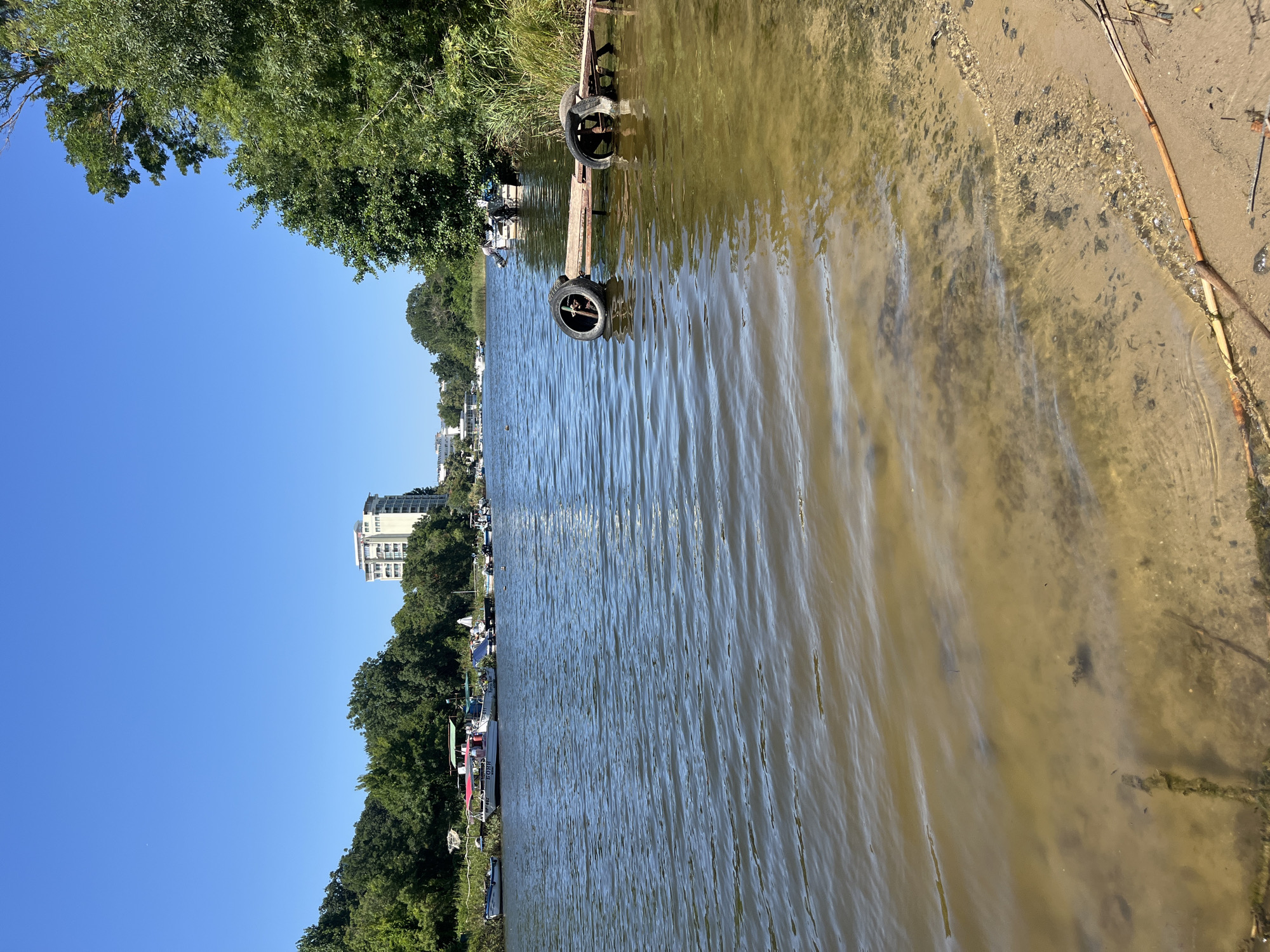This is an eye-level, medium shot of a riverbank in Primorsko, Bulgaria, on a clear, sunny day. The river occupies the foreground, with its murky, shallow water revealing the sandy, pebbly bottom near the shore. The water has gentle ripples. On the right side of the frame, a small wooden pier juts into the water, with two old tires placed on it, one on each end. In the midground, several boats are moored along the opposite bank, which is lined with dense green trees. Beyond the trees, a tall, light-colored building with many windows stands out against the clear blue sky. The overall scene depicts a tranquil riverside setting.