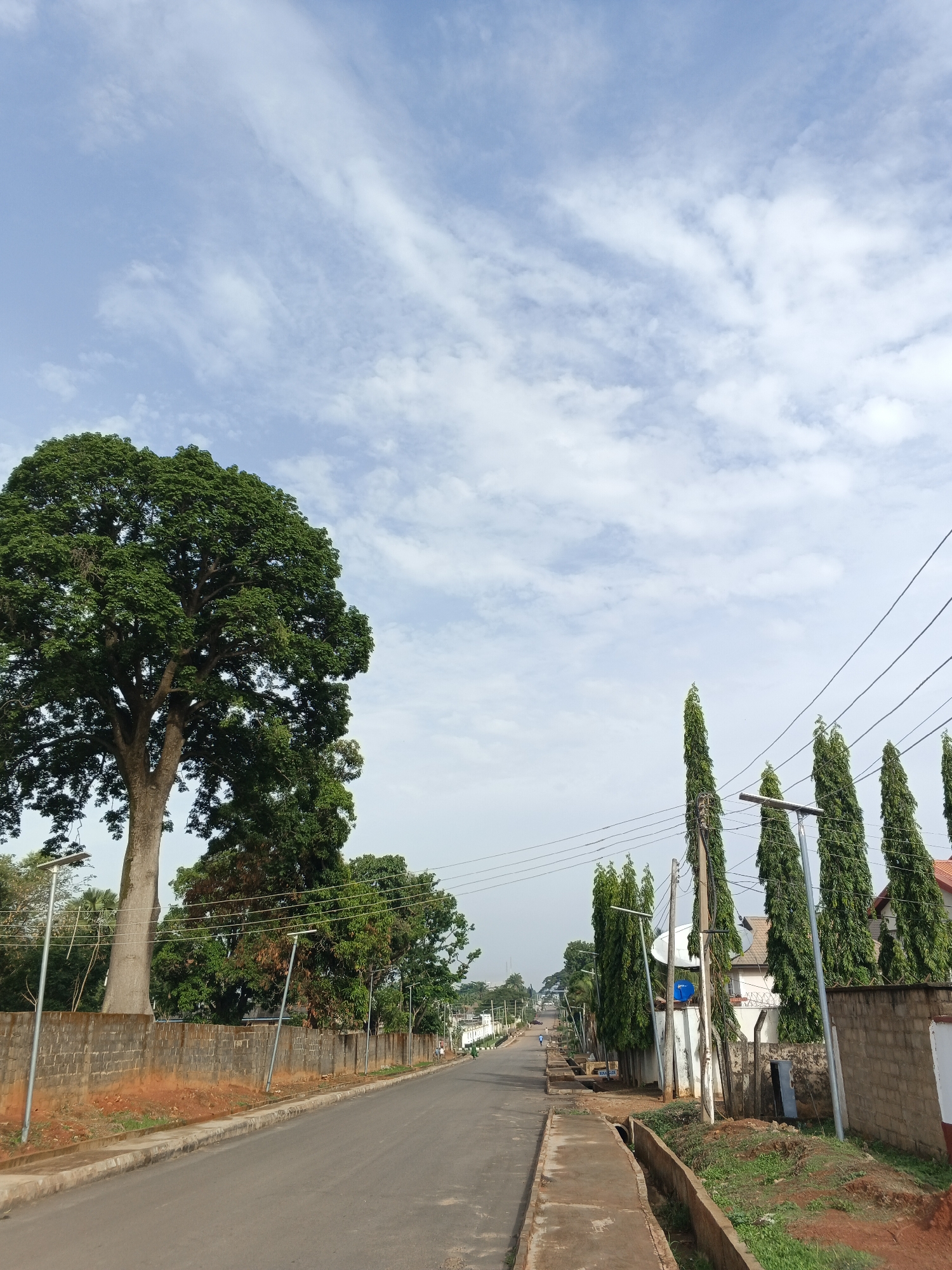The image depicts a street in Shaba, Nigeria, taken during daylight hours under a partially cloudy sky. The road is asphalt, with concrete sidewalks flanking either side and a narrow drainage ditch running adjacent to one sidewalk. On the left side of the road, a large tree with dense green foliage dominates the view, situated behind a brick wall. Streetlights are present along the road. Power lines stretch across the street, connecting to utility poles. On the right side of the road, a fence runs along the property line, behind which several tall, slender trees stand. A white building with a satellite dish is visible behind the trees and fence. In the distance, the road appears to continue, and there is one visible person walking alongside it. The overall environment appears to be residential or suburban.