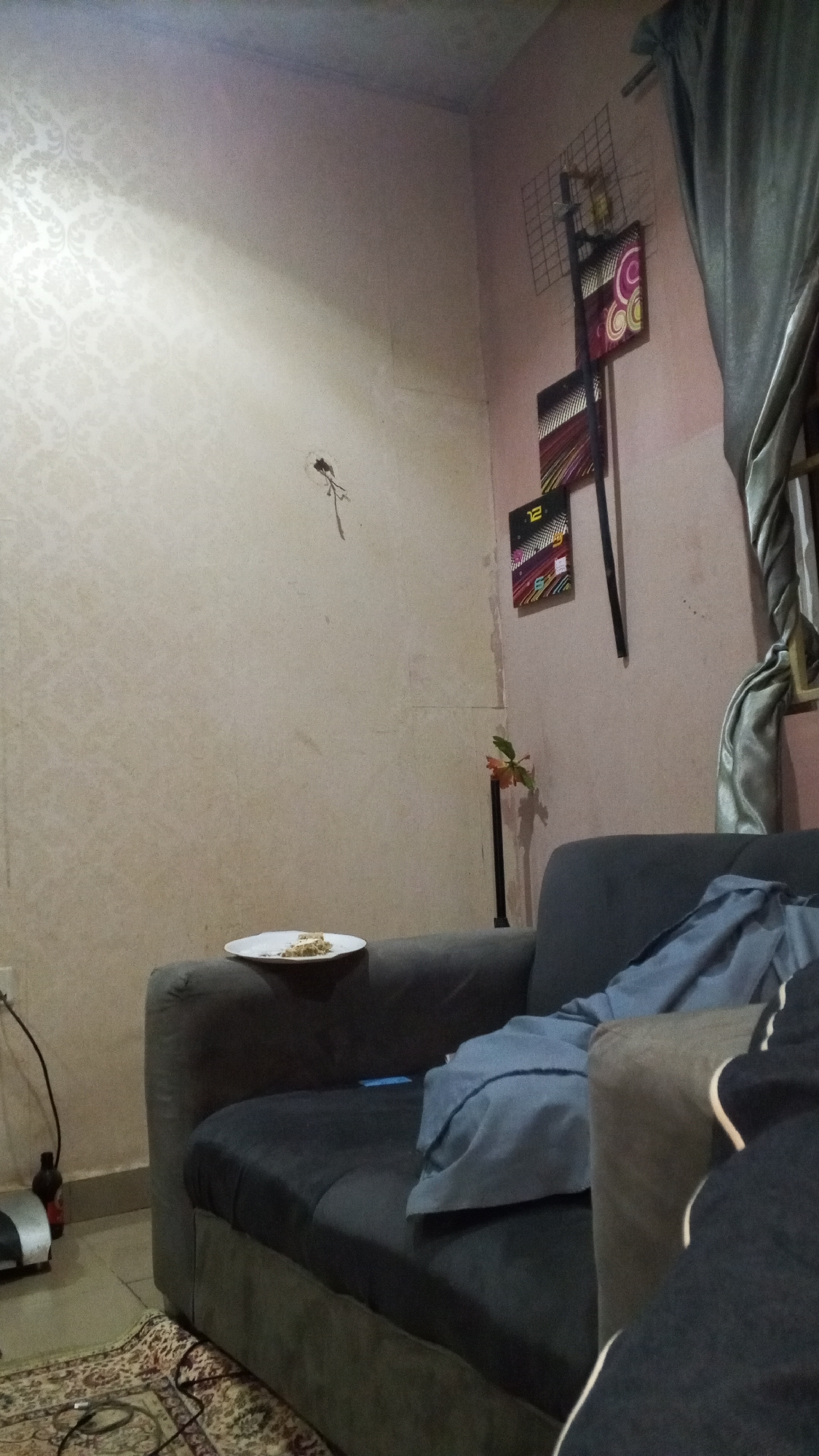 The image depicts the corner of a room, likely in a residential setting, possibly in Rido, Nigeria, given the prompt's context. The room has light-colored walls with a subtle patterned wallpaper. There is a plate of food sitting on the armrest of a dark gray couch. A folded blue garment rests on the couch. A black cable runs along the wall near the floor, connected to a small, light-colored device. In the corner of the room, there is a collage of images hanging on the wall. The decor includes a floor lamp topped with an orange flower decoration. A gray curtain partially covers a window. A patterned rug is visible on the floor.