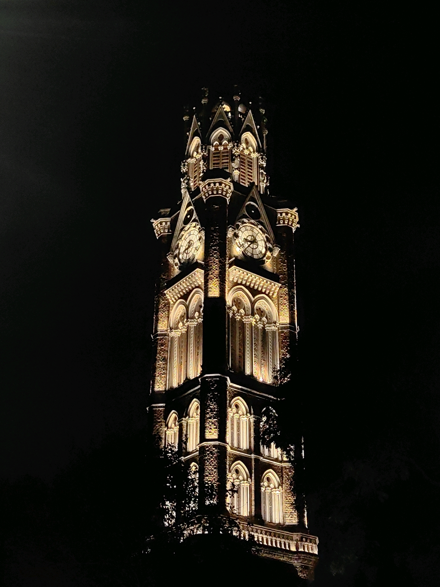 The image captures a close-up, low-angle view of the Victoria Terminus (now Chhatrapati Shivaji Maharaj Terminus) clock tower in Mumbai, India, at night. The Gothic Revival-style architecture of the tower is illuminated, highlighting its intricate details. The clock face, visible on one side of the tower, is lit and shows the time as approximately 10:10. The tower is constructed from red brick and sandstone, with numerous arched windows and ornate decorative elements. The top of the tower features spires and finials. The surrounding environment is dark, suggesting the photo was taken in the deep night, with the black sky contrasting sharply with the brightly lit building. Some dark foliage is visible at the base of the tower, obscuring the lower portion of the structure. The scene is devoid of people or any vehicles.