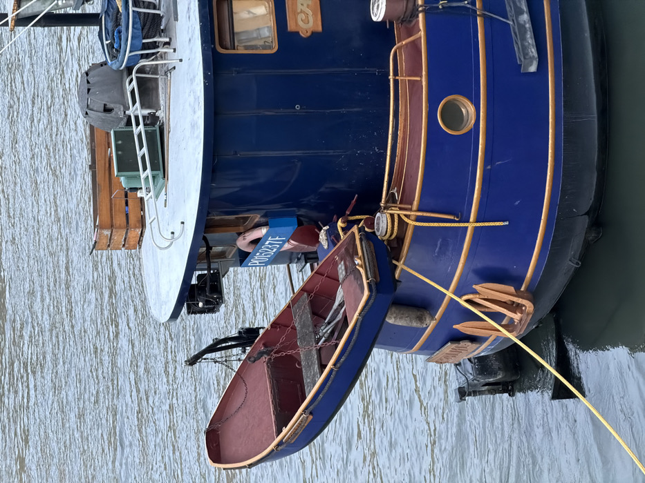 A blue boat with gold trim is docked in the water. A smaller red rowboat hangs off the side of the larger boat, suspended by a chain. The larger boat has a small round window, an anchor, and a white upper deck with stairs. A life preserver is visible on the side. A rope is tied to the stern, extending into the water. The water is calm and reflects the light.