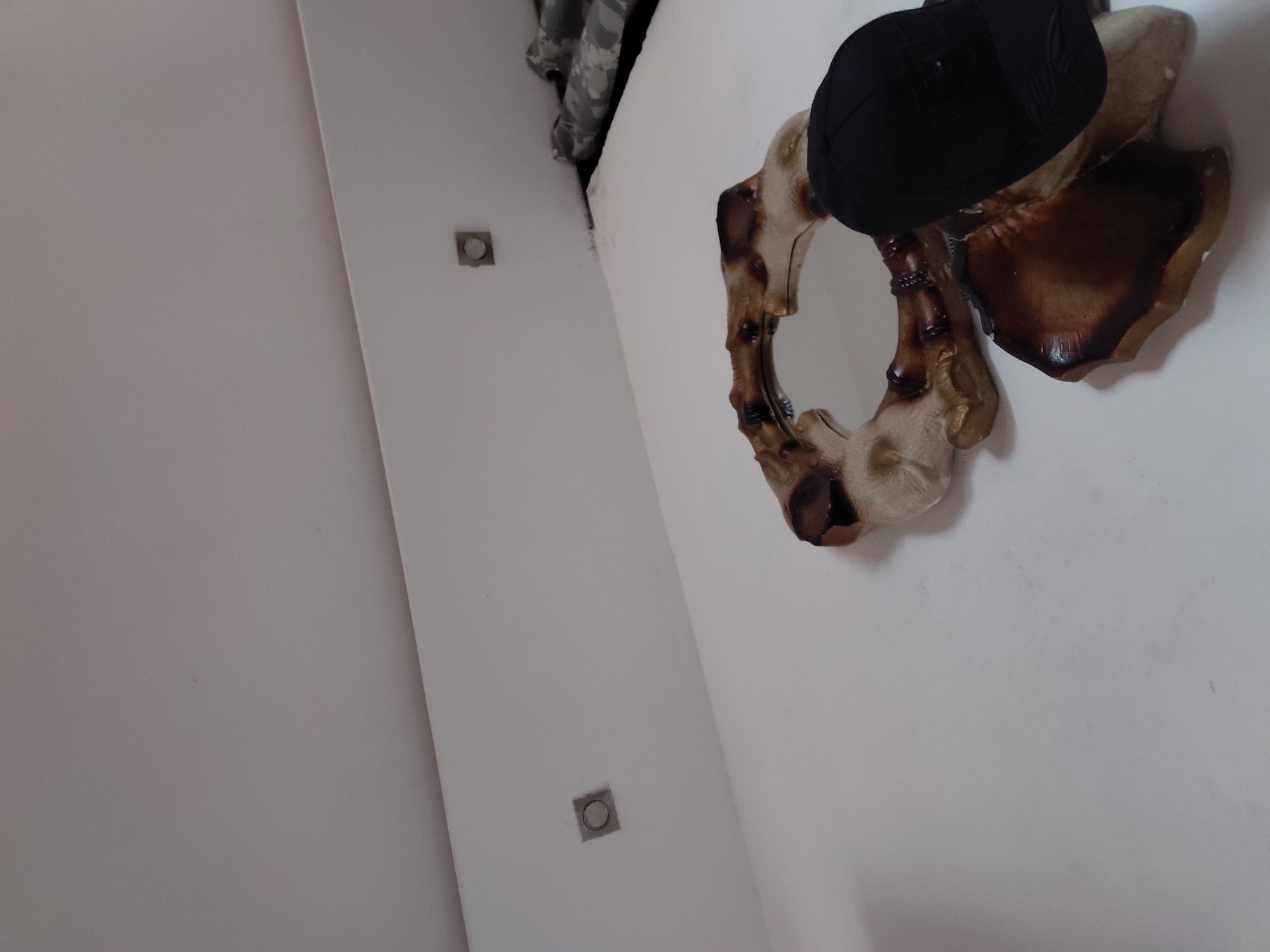 The rotated image captures an interior space, likely a room, characterized by white walls and ceiling. The perspective is directed upwards towards a corner where two walls meet.
A prominent feature on the right side of the image is an irregularly shaped decorative mirror mounted on the wall. Its frame exhibits a textured, organic appearance, possibly resembling carved wood or resin, with a blend of light beige tones and darker, almost burnt-looking brown accents. Resting atop this mirror is a black baseball cap. Faint, stylized embroidery or a logo is visible on the front of the cap, but it is not legible.
Two square-shaped, silver-colored recessed light fixtures are embedded in the white wall. One is positioned higher up on the left wall segment, and another is lower down. In the upper left portion of the image, near the ceiling line, a glimpse of dark, patterned fabric, possibly a curtain or a piece of drapery, can be seen.
No people are present, and no activity is taking place; the scene is static. The lighting is internal, offering no indication of the time of day or outdoor weather conditions. The overall aesthetic suggests a room with a minimalist background accentuated by a distinctive, artistic mirror. The image itself contains no explicit textual elements or visual cues to specifically identify its location within Santa Ana, Venezuela.