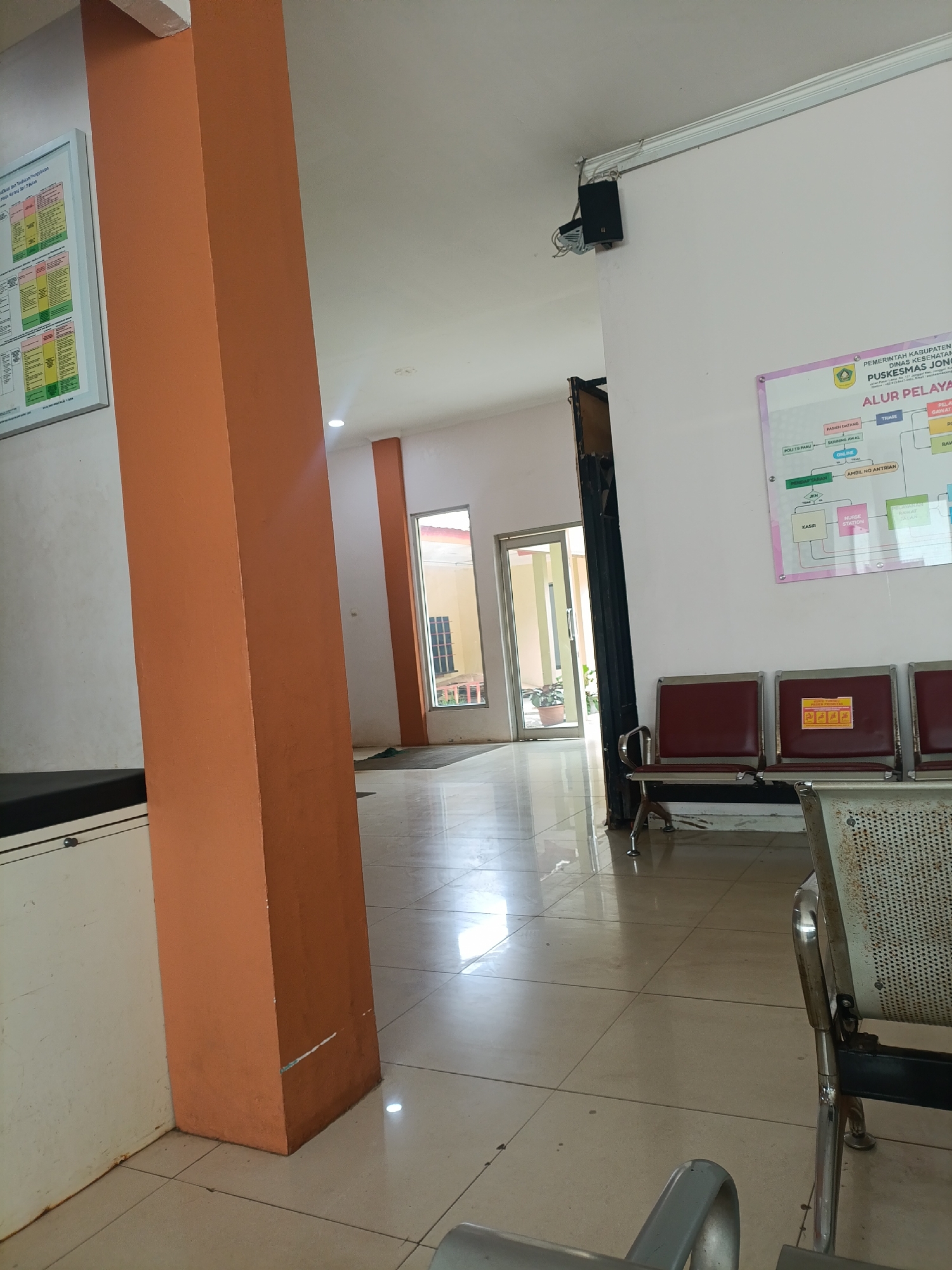 The image shows an interior view of a waiting area, likely within a public building such as a clinic or hospital, located in Jonggol, Indonesia. A prominent orange-colored pillar stands in the foreground, casting a shadow on the tiled floor. To the left of the pillar, a white counter or reception desk is partially visible. In the mid-ground, rows of maroon-colored chairs with metal frames are arranged. One of these chairs has a sign on it. Further back, through an open doorway, a glimpse of a hallway with yellow-colored walls and a window can be seen. On the right wall, a large, colorful diagram is displayed, depicting an "ALUR PELAYANAN" (service flow) for a "PUSKESMAS JONGGOL" (Jonggol Community Health Center). This diagram outlines various service points like "PASIEN DATANG" (patient arrival), "TRIAGE," "POLI PARU" (lung clinic), "KASIR" (cashier), and "RAWAT JALAN" (outpatient care). Above the diagram, a black electronic device is mounted on the wall. The overall environment appears clean and functional, characteristic of a healthcare facility's waiting space.